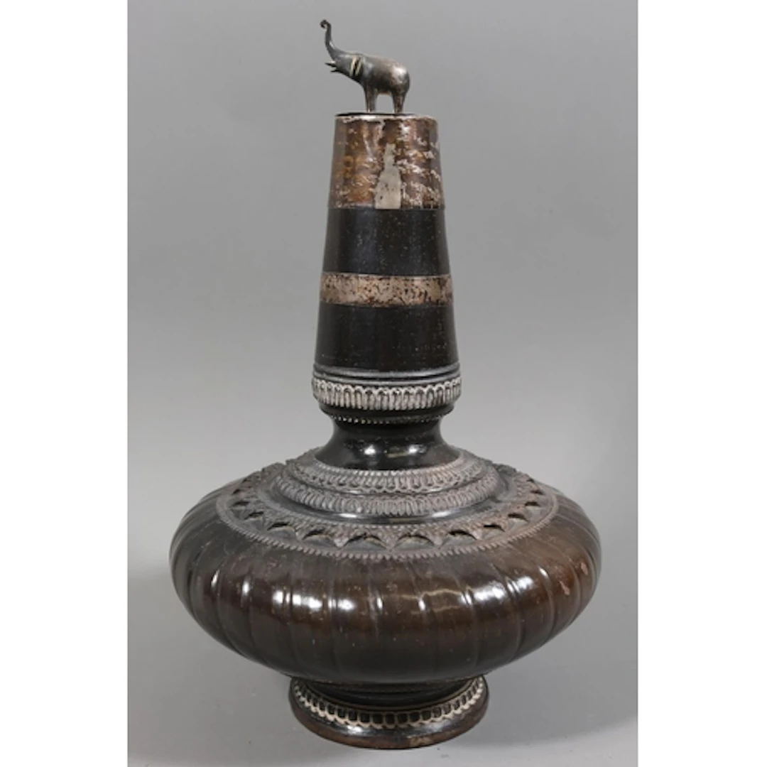 Indonesian bottle with elephant finial stopper, silvered col...