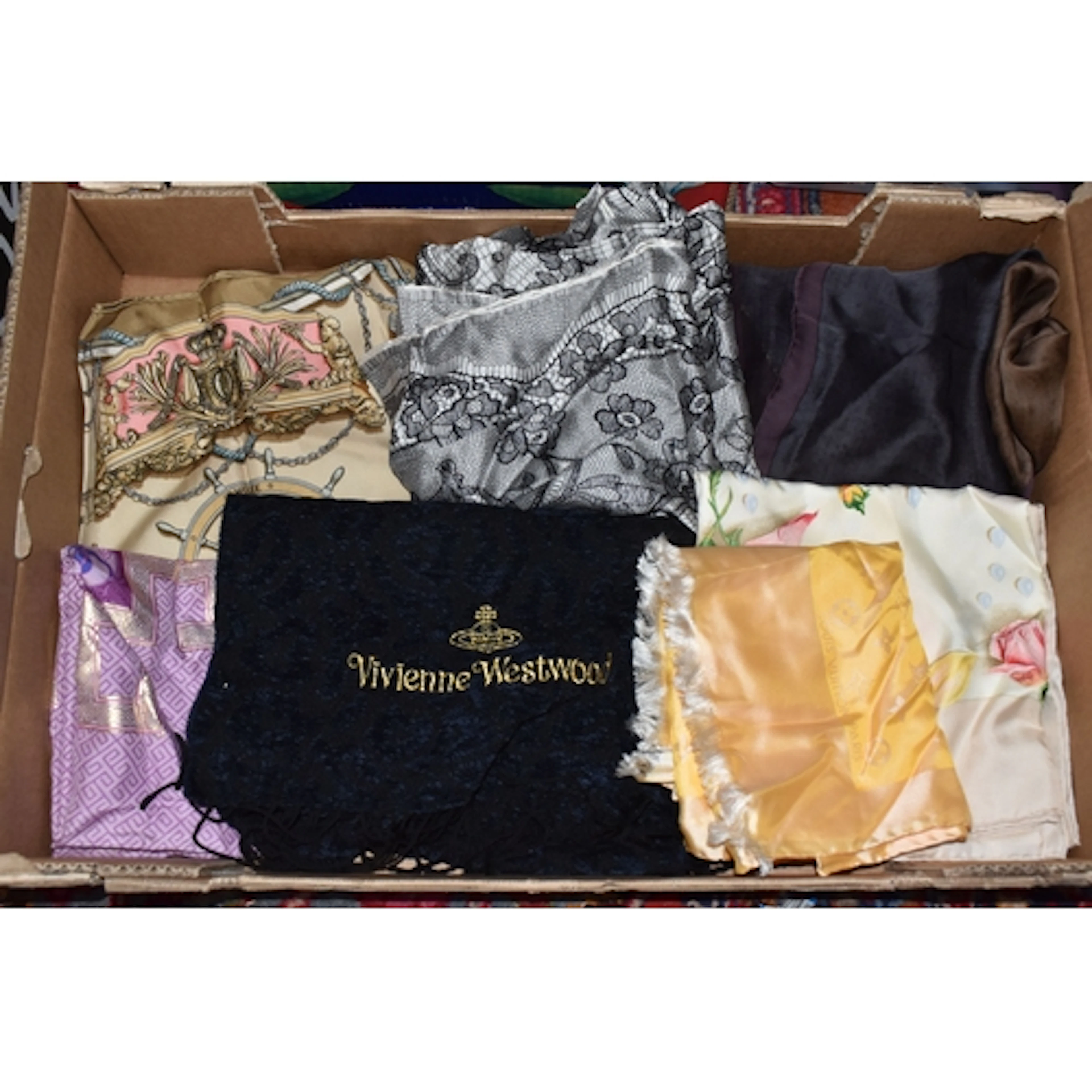 A BOX OF DESIGNER SCARVES, to include a small Hermes 'Musée'...