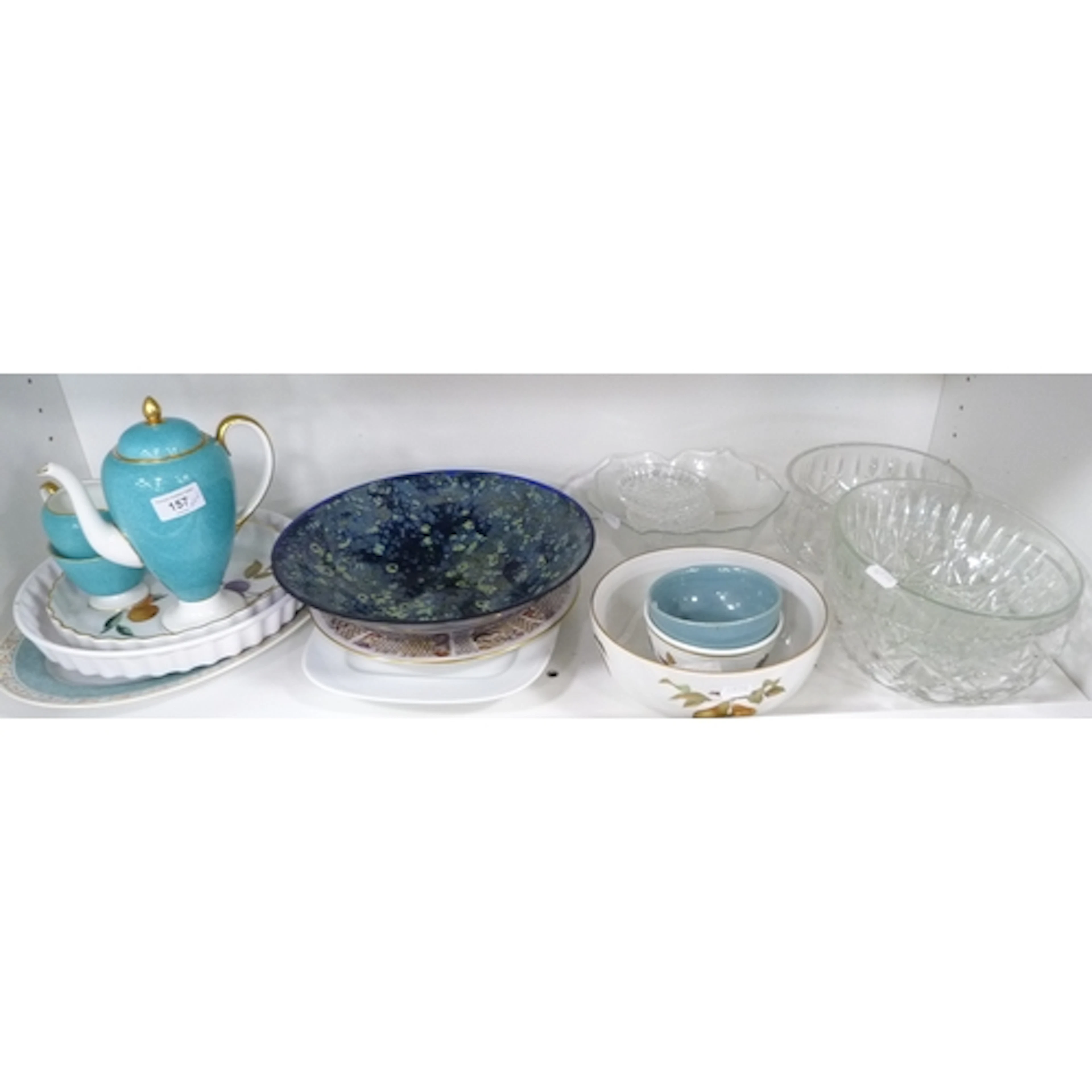 Shelf lot of porcelain and glass to include Wedgwood coffee ...