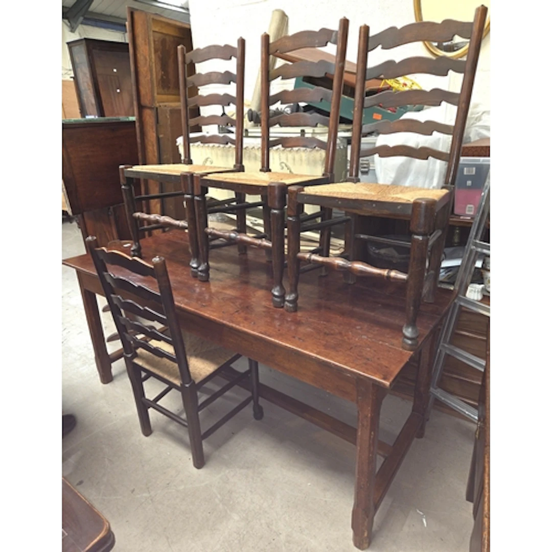 An elm top refectory table with four 19th century country el...