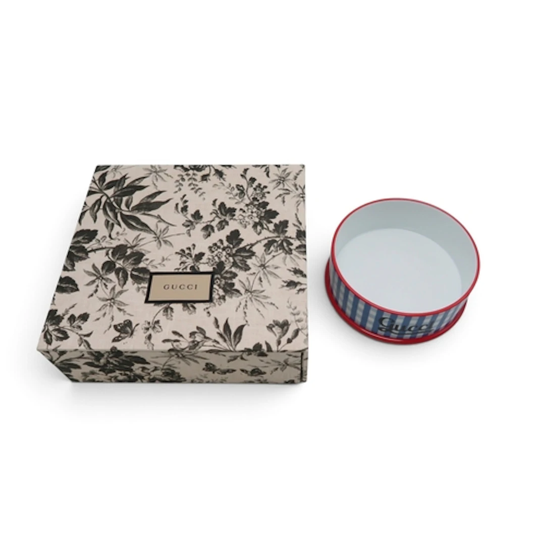 A Richard Ginori for Gucci dog bowl with blue gingham decora...