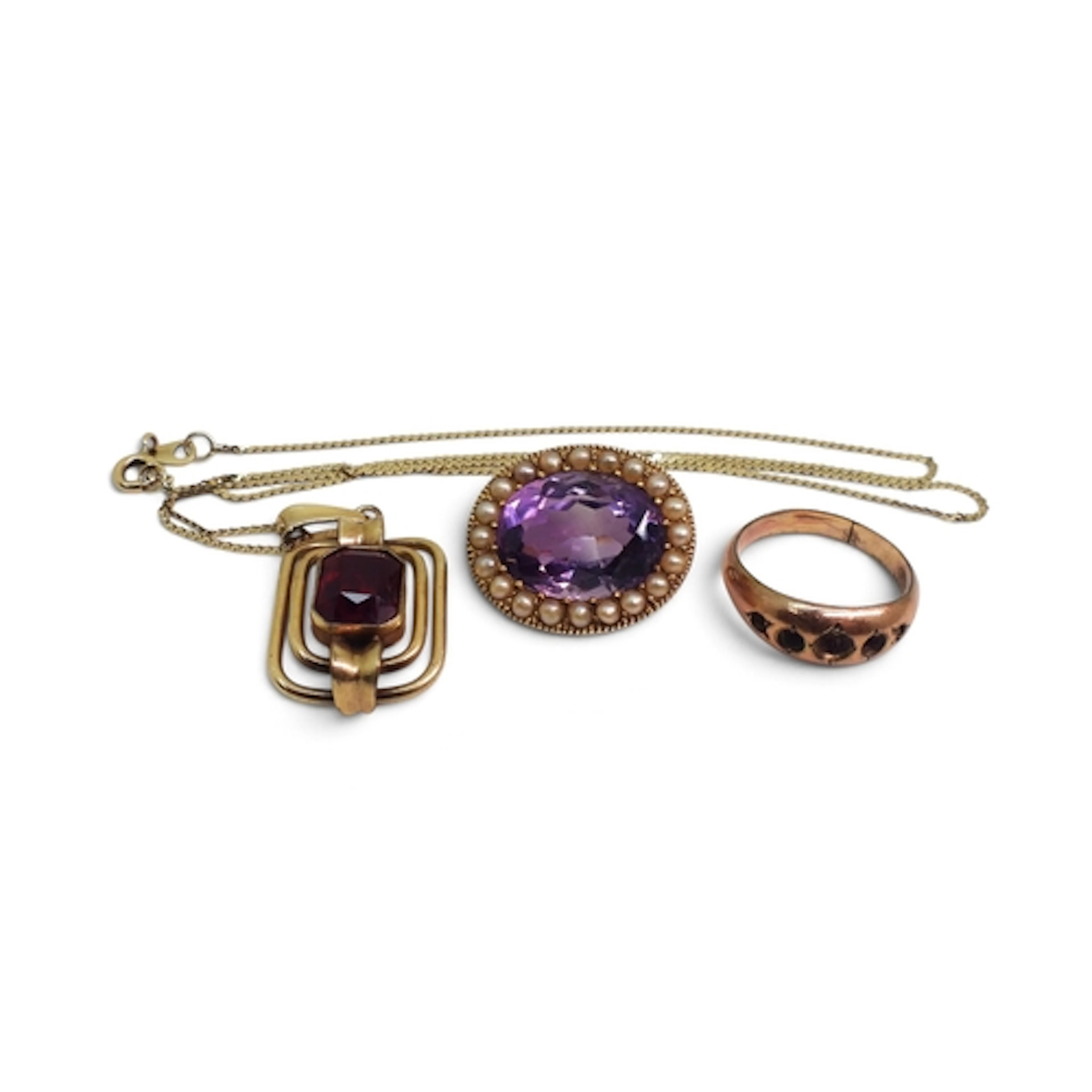 A 15ct gold amethyst and pearl brooch, weight 6.1gms, a 9ct ...