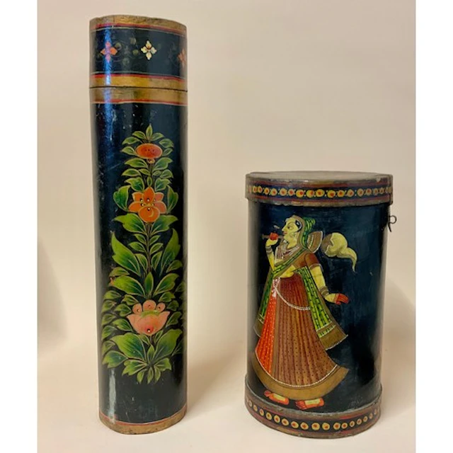 An Indian cylindrical scroll case, painted with figures in t...