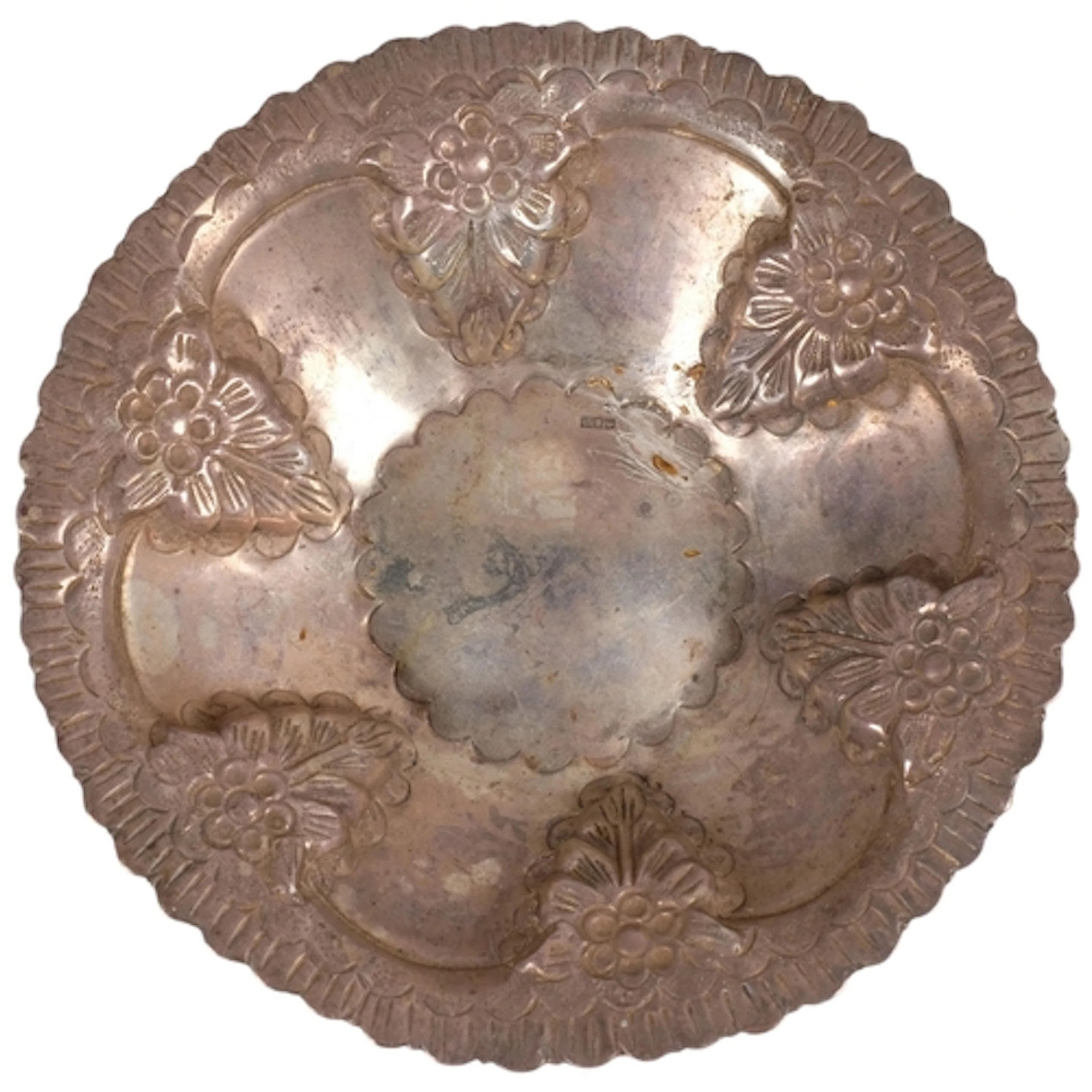 An Egyptian silver dish, circular form, with relief embossed...