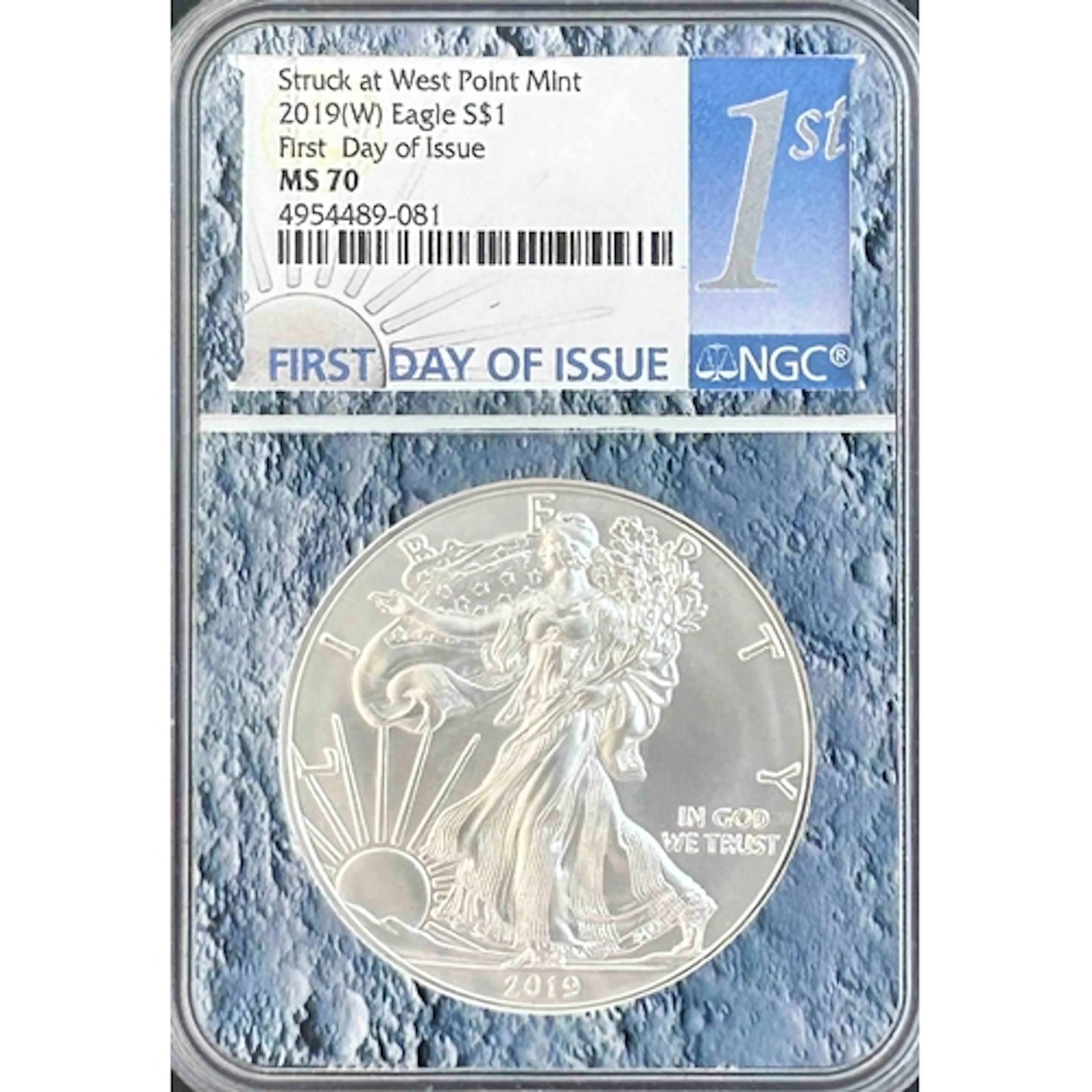 2019 USA $1 silver Eagle, struck at West Point Mint First Da...