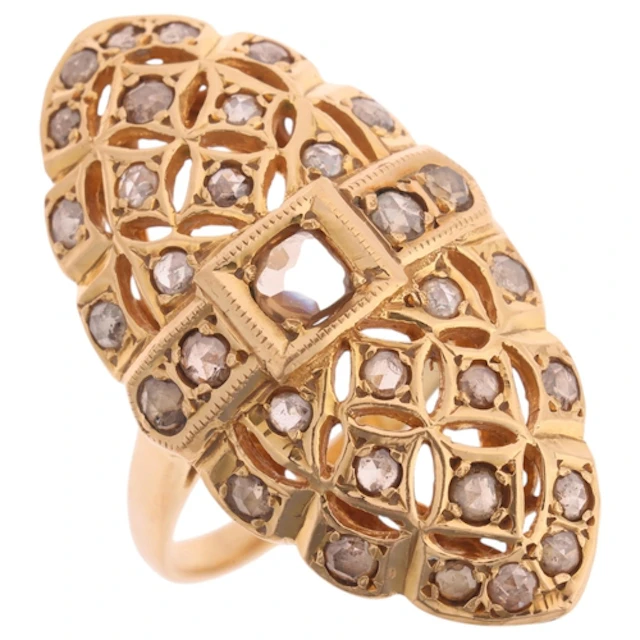 A Vintage 18ct gold diamond marquise bombe cluster ring, cir...