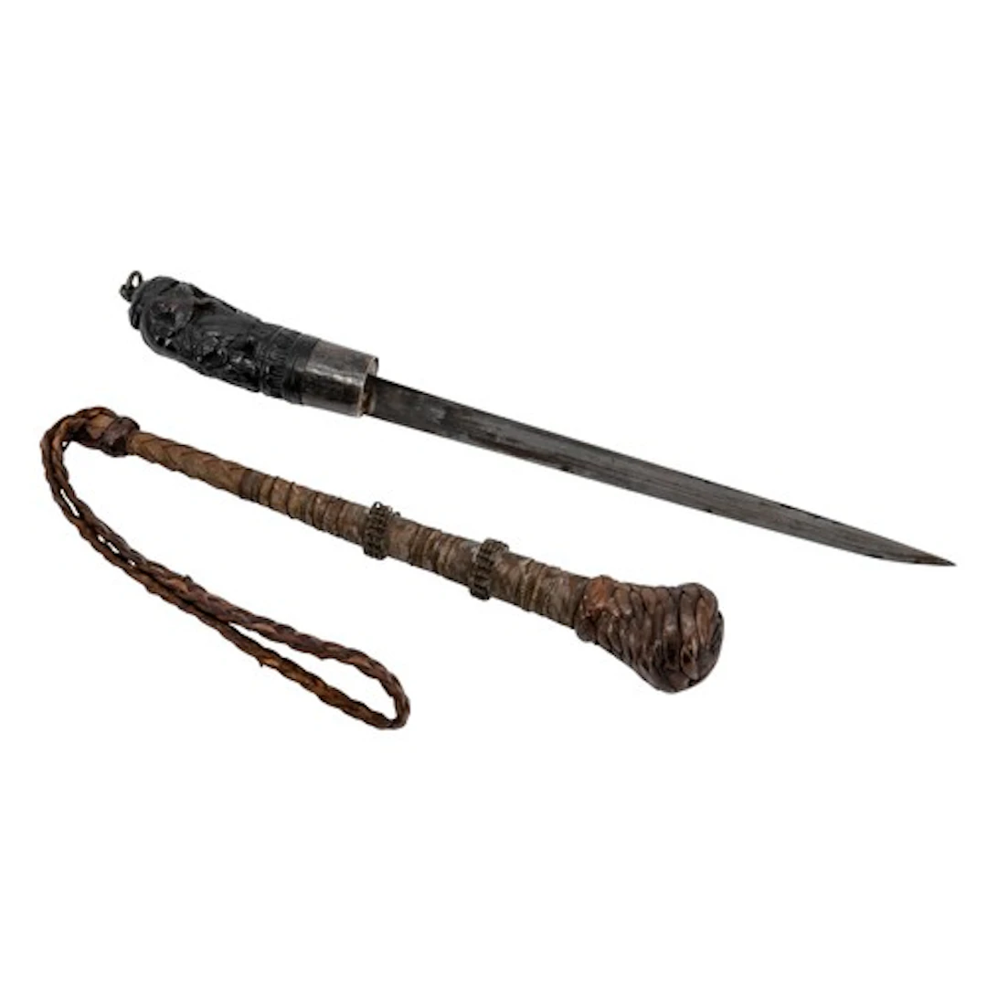 AN INDONESIAN PARANG SHORT SWORD AND 19TH CENTURY FISHING 'P...