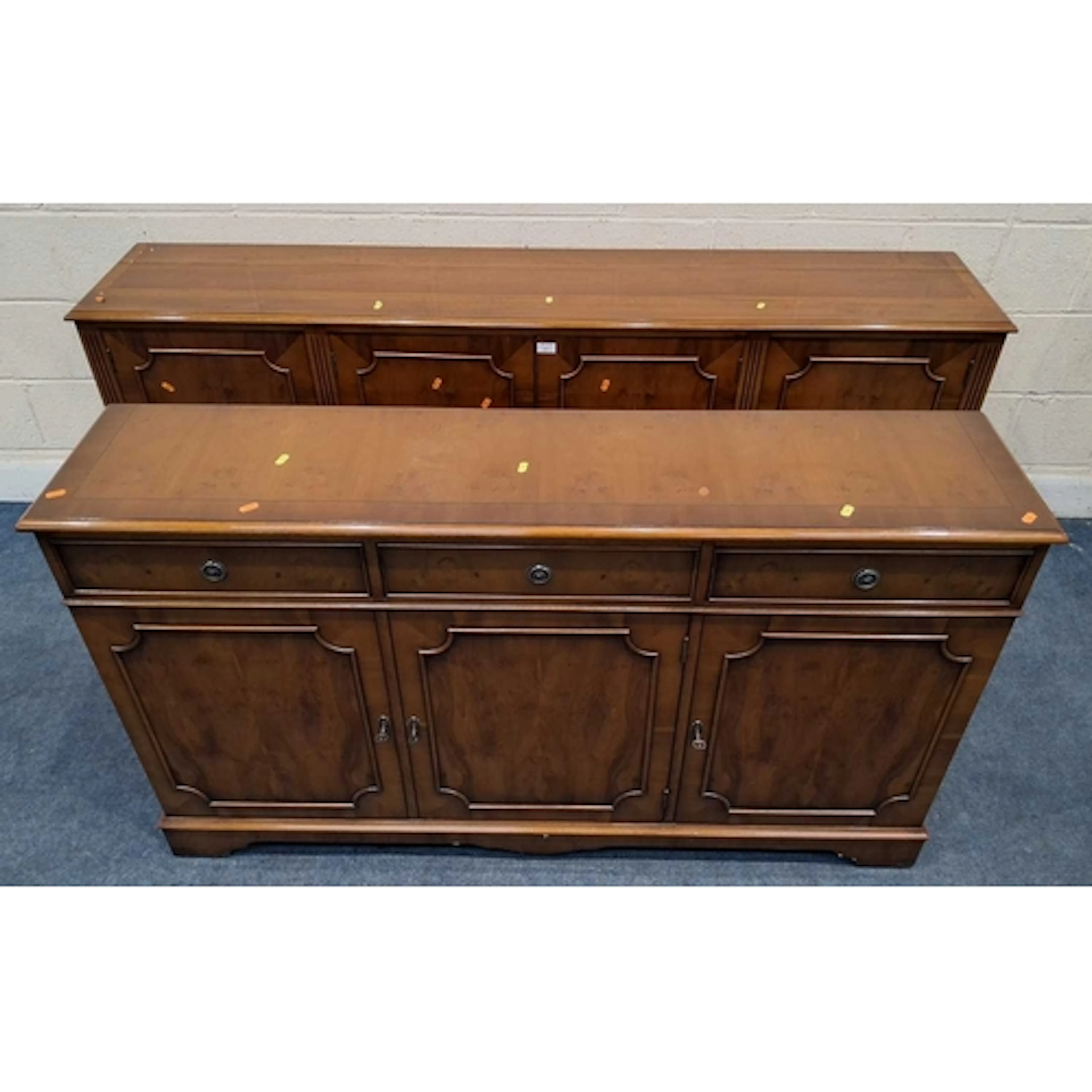 TWO REPRODUCTION YEW WOOD SIDEBOARDS, the larger sideboard w...