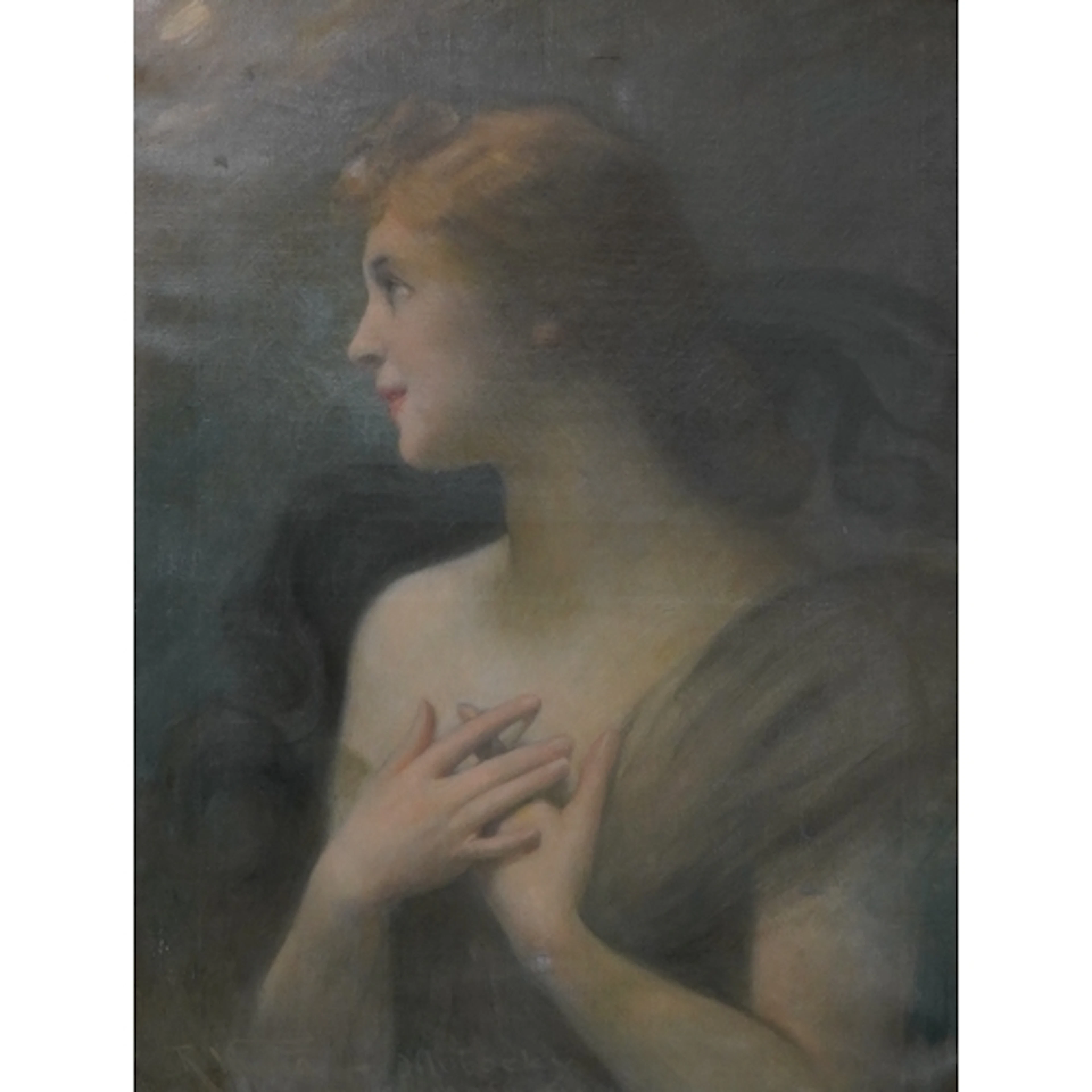 Rudolph Vacha, portrait of lady, her hands clasped at her ch...