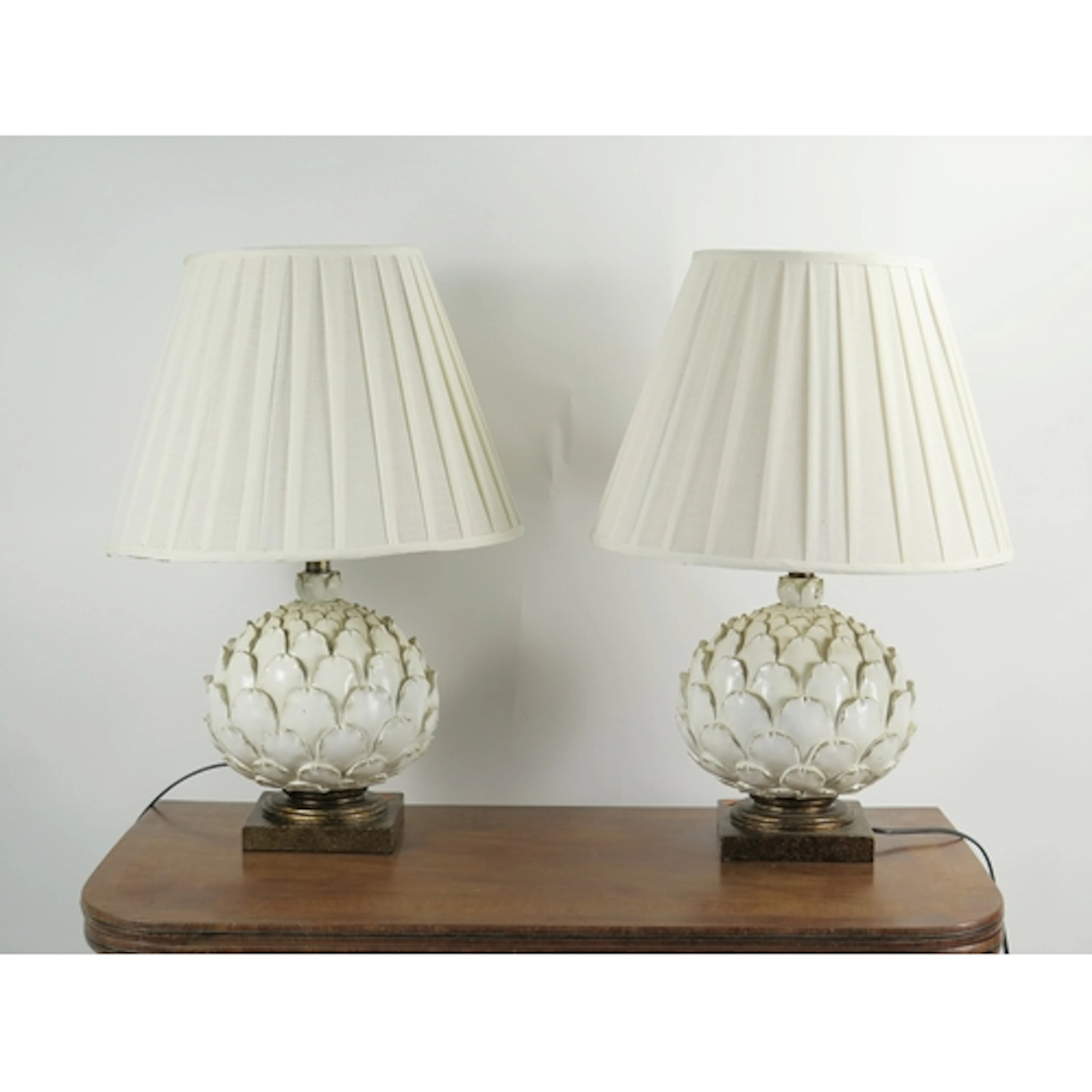 Pair of large artichoke table lamps in distressed cream with...