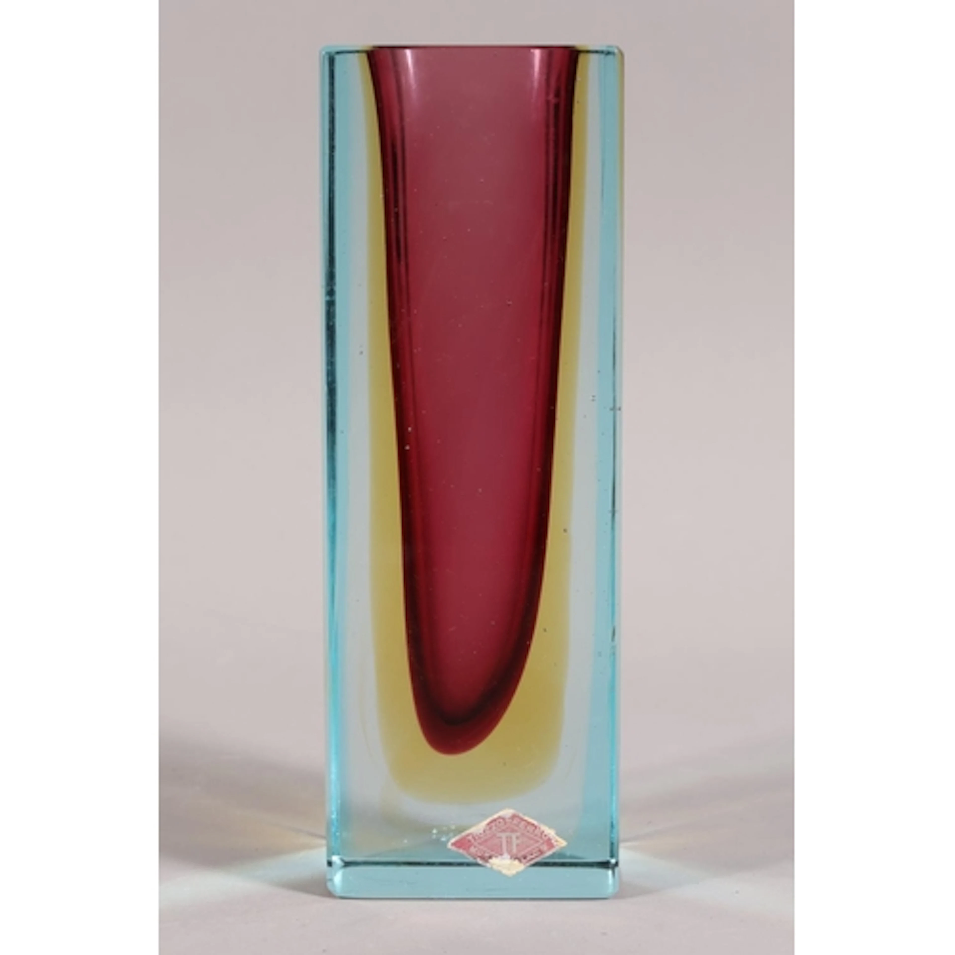 Murano Sommerso art glass cubed vase with red in colour, 17c...