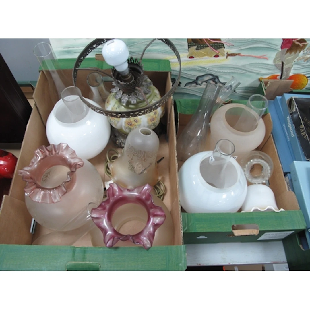 Opaque Glass Table Lamp (no shade). Quantity of oil lamp sha...
