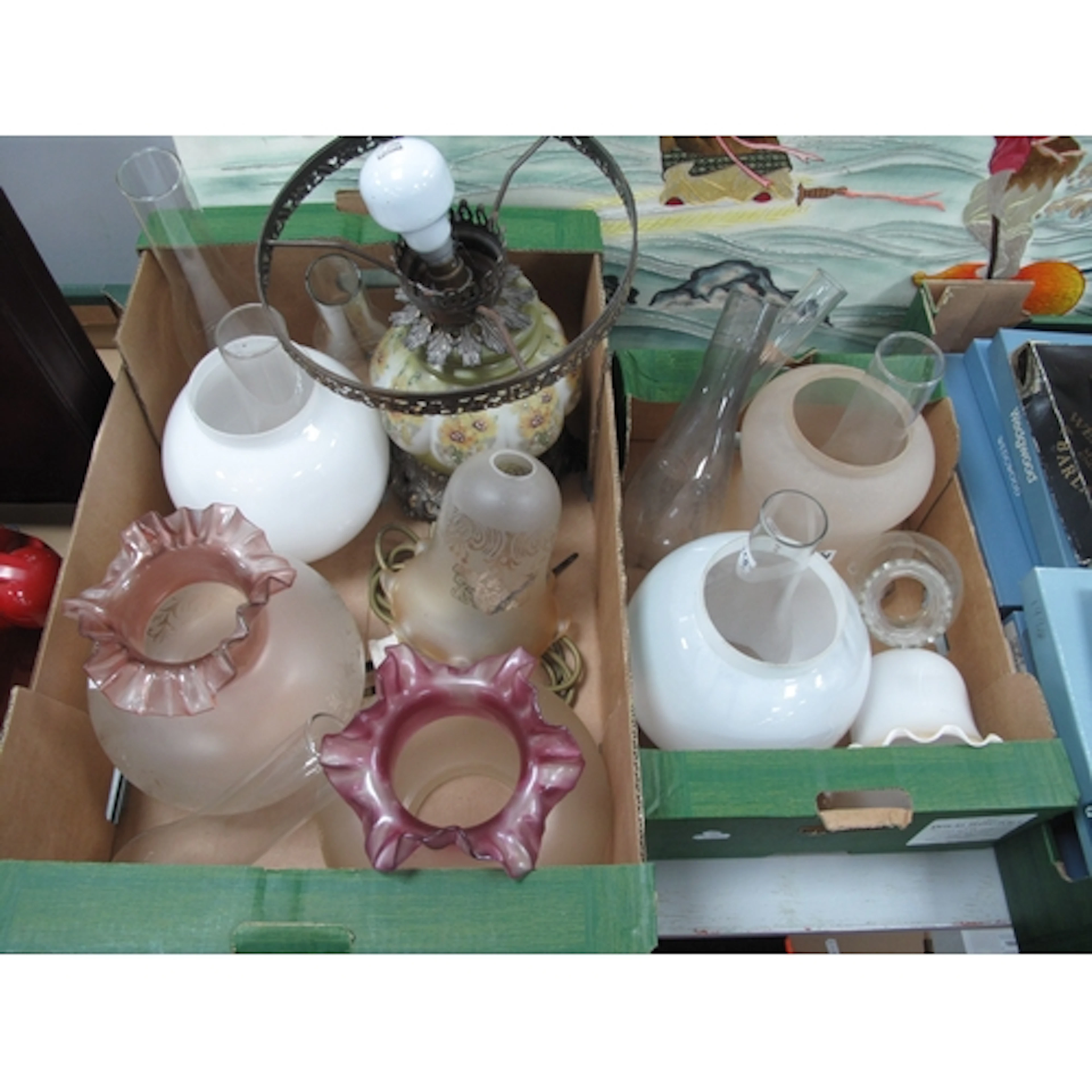 Opaque Glass Table Lamp (no shade). Quantity of oil lamp sha...