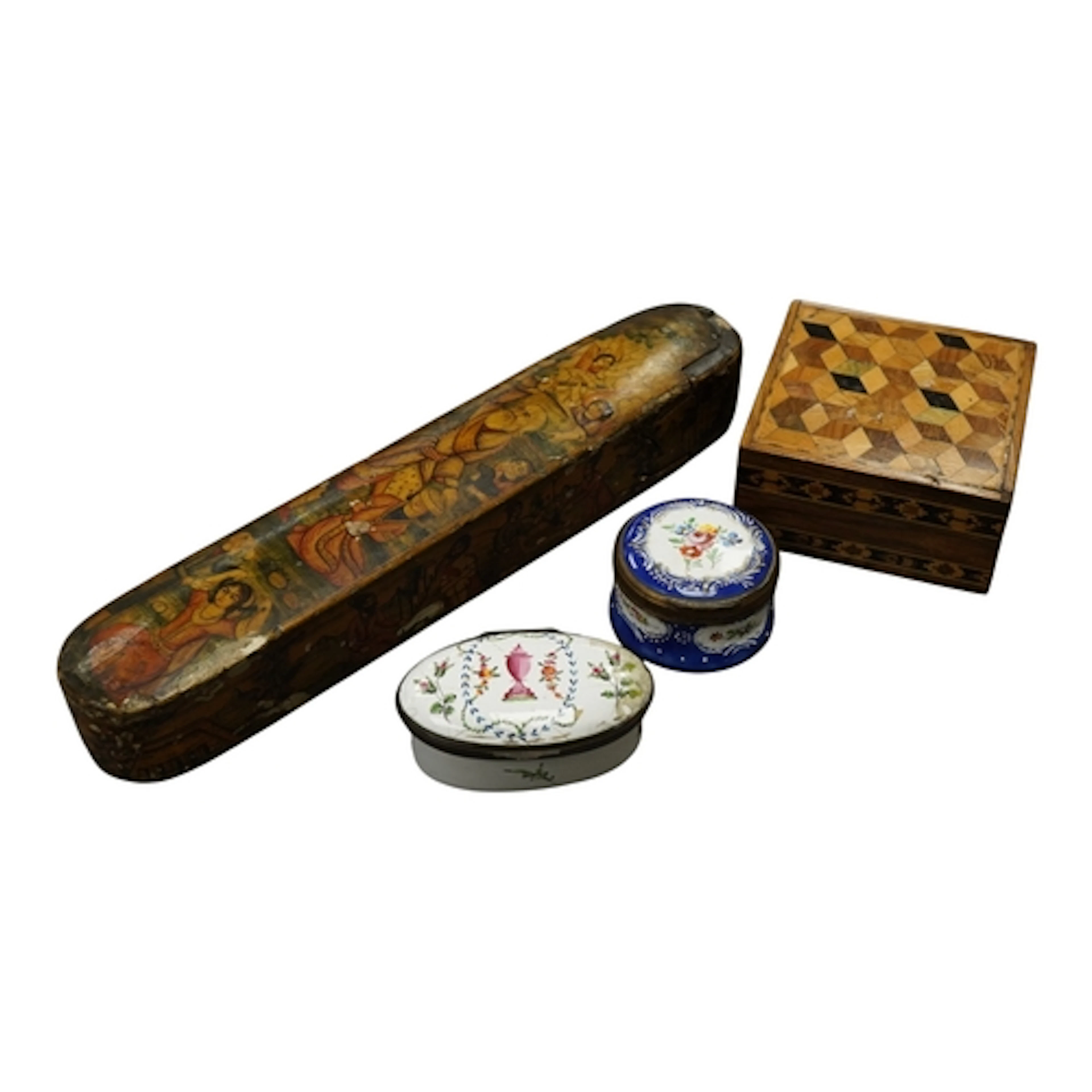 A Persian Qajar lacquered papier mache pen box, along with t...