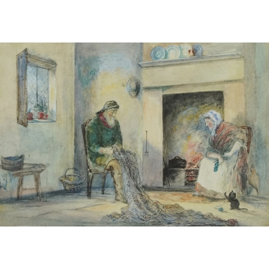 Fisherman mending his nets with his wife and kitten before a...