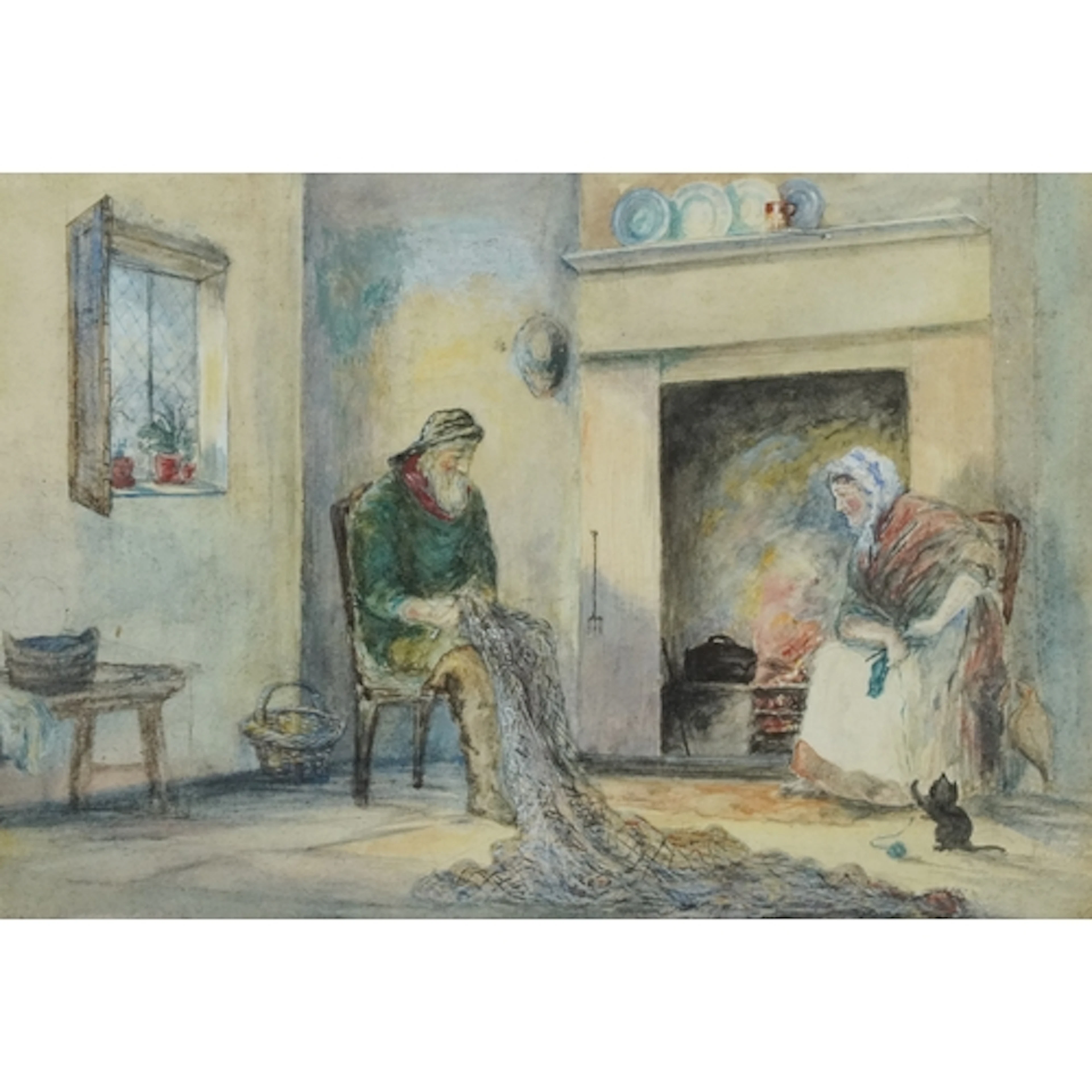 Fisherman mending his nets with his wife and kitten before a...