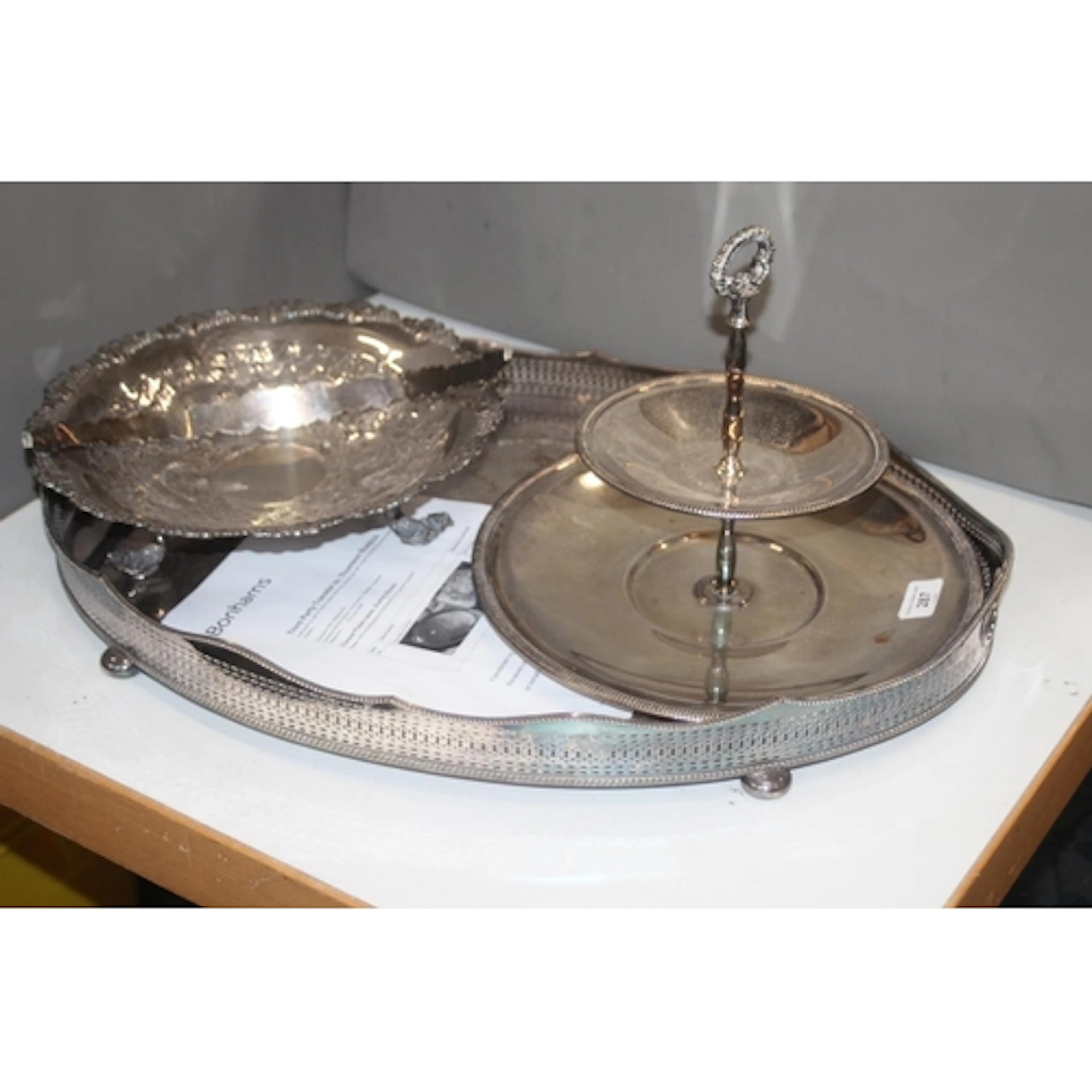 Large EPNS butlers tray, silver plated cake stand, etc.