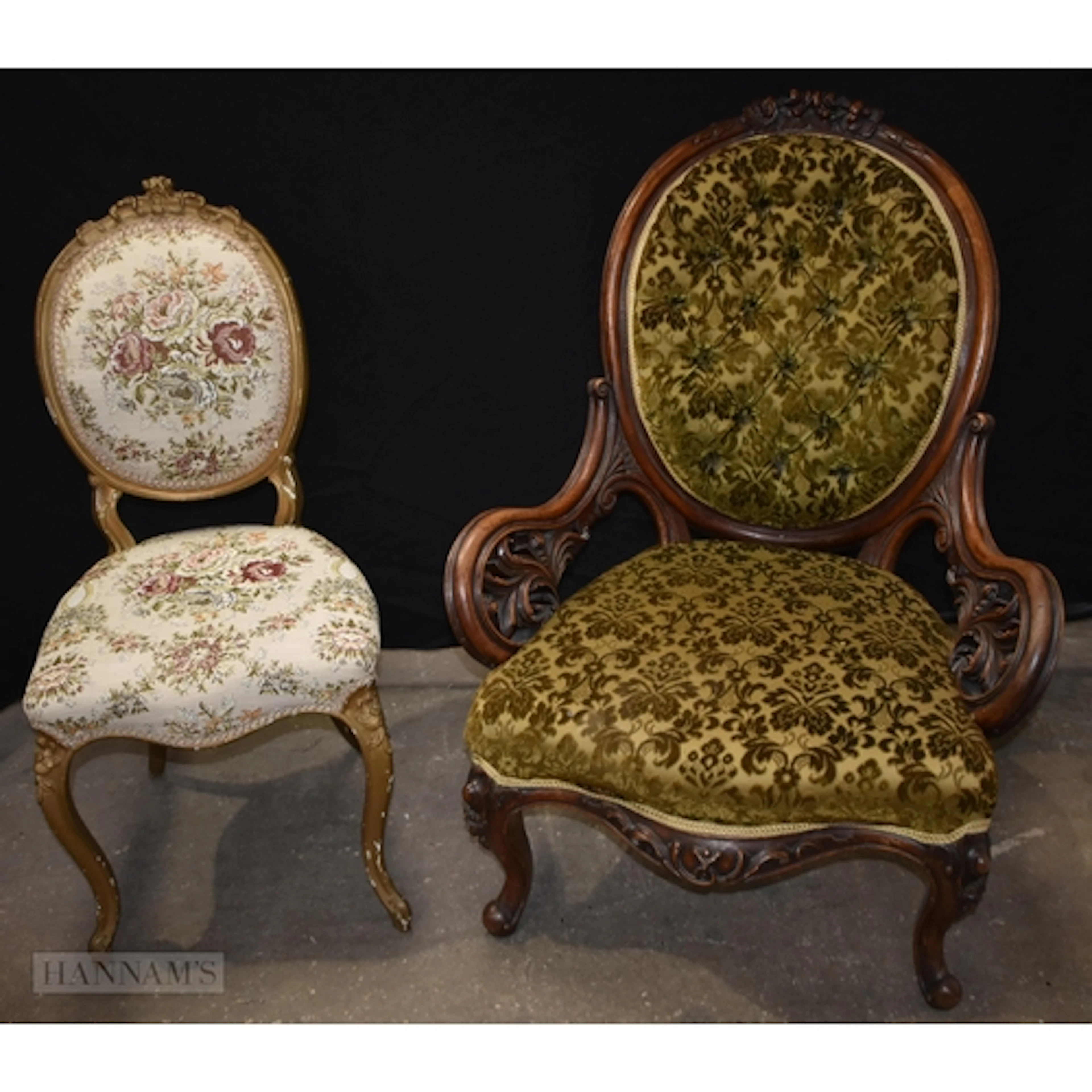 An antique walnut upholstered nursing chair together with an...