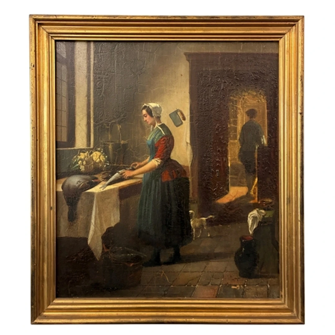 Dutch School, 19th Century - A kitchen interior scene with a...