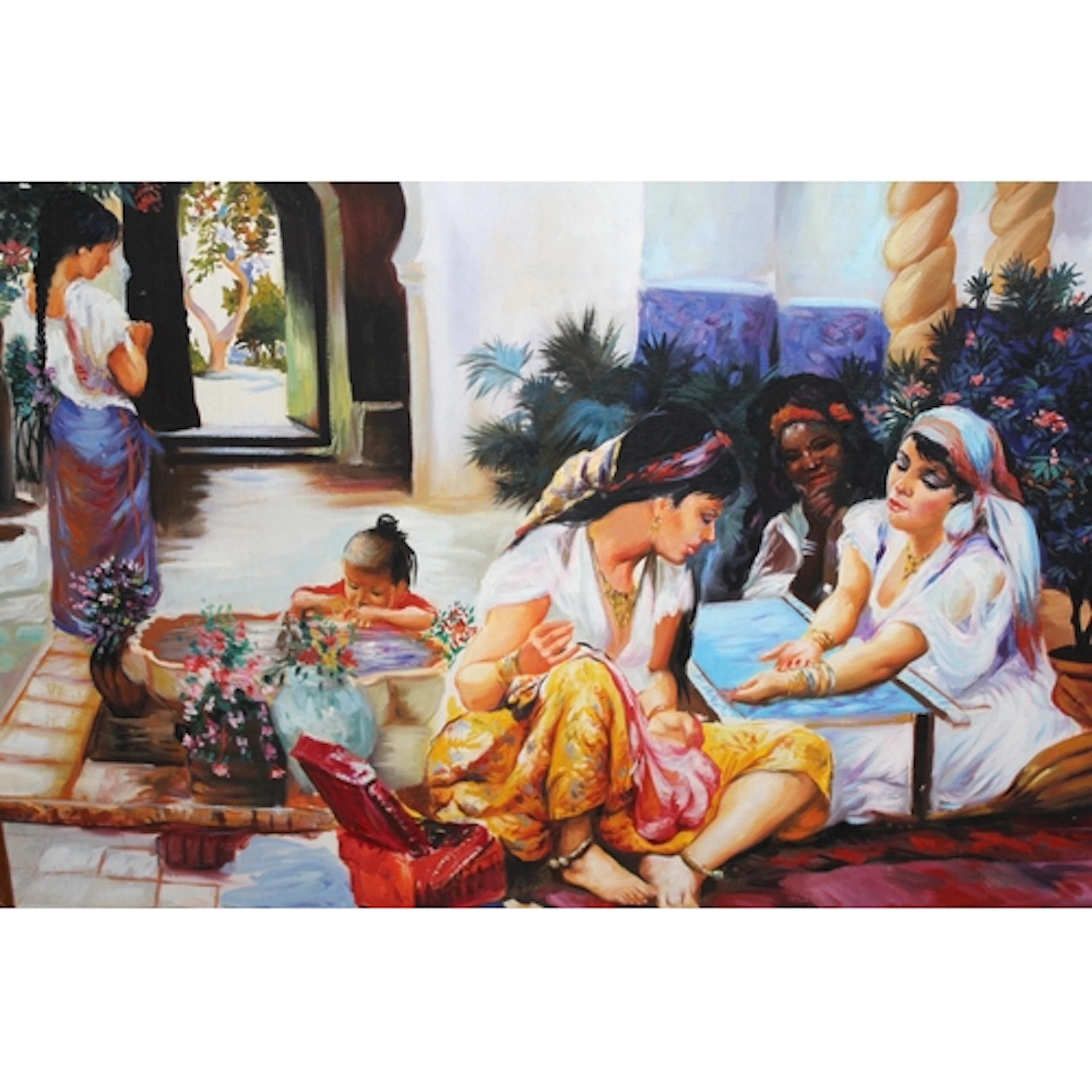Large modern oil on canvas, figures and children seated on a...