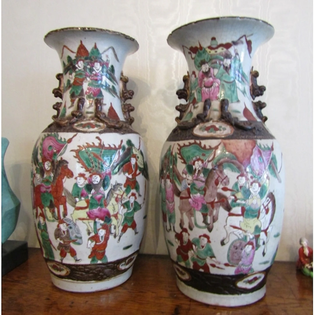 Pair of Antique Chinese Vases Decorated with Various Figures...