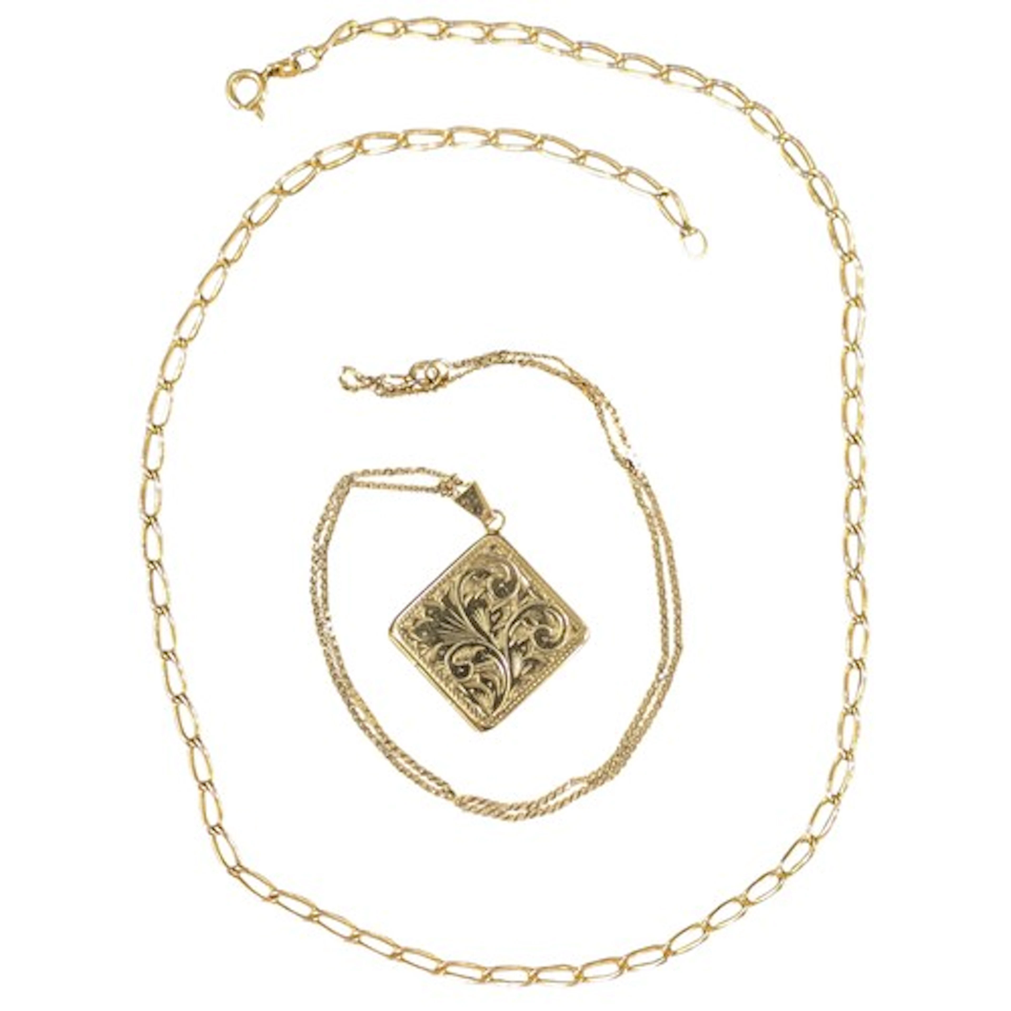 A 9ct gold square locket pendant necklace, Birmingham 1979, ...
