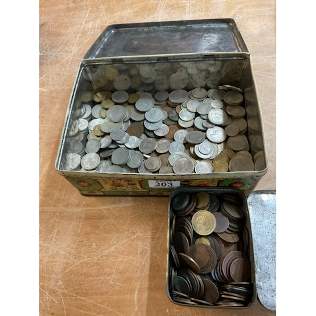 Qty coins in tin to include cupro nickel QEIIR, GVIR, pennie...