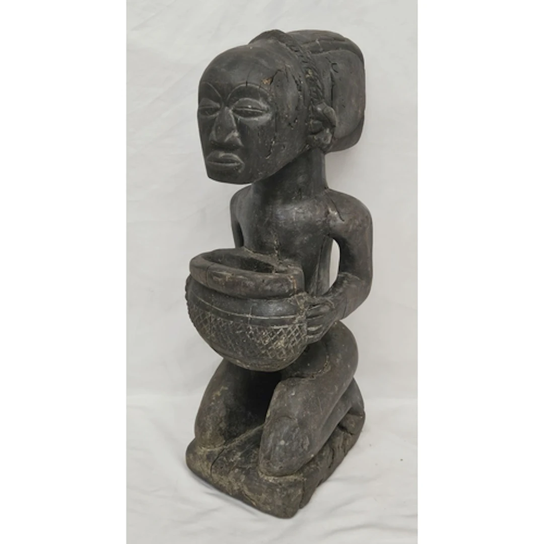 Hand Carved Wooden Congolese Statue of a kneeling cup bearer...