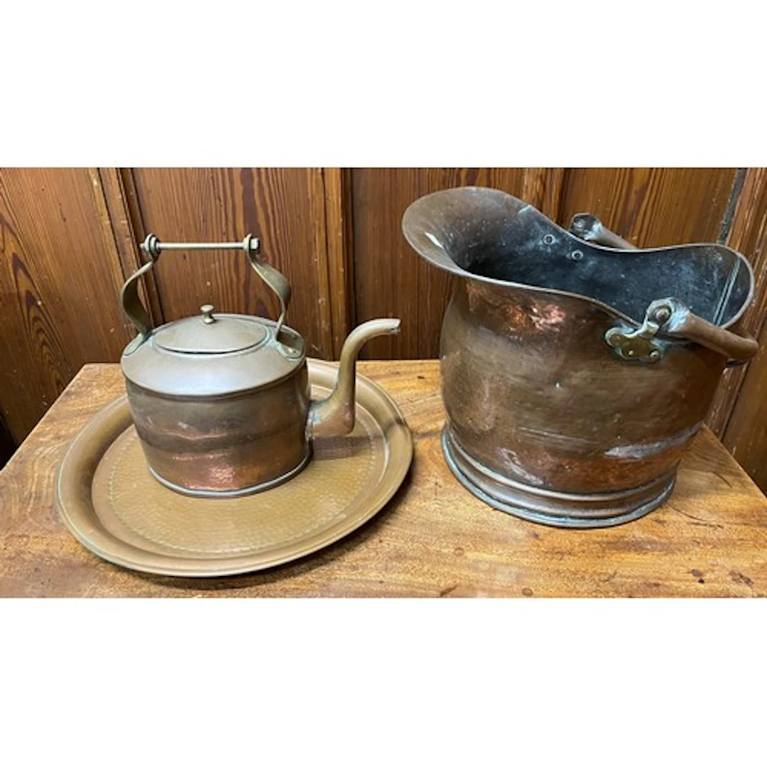 Copper coal helmet, copper kettle and charger plate (3)