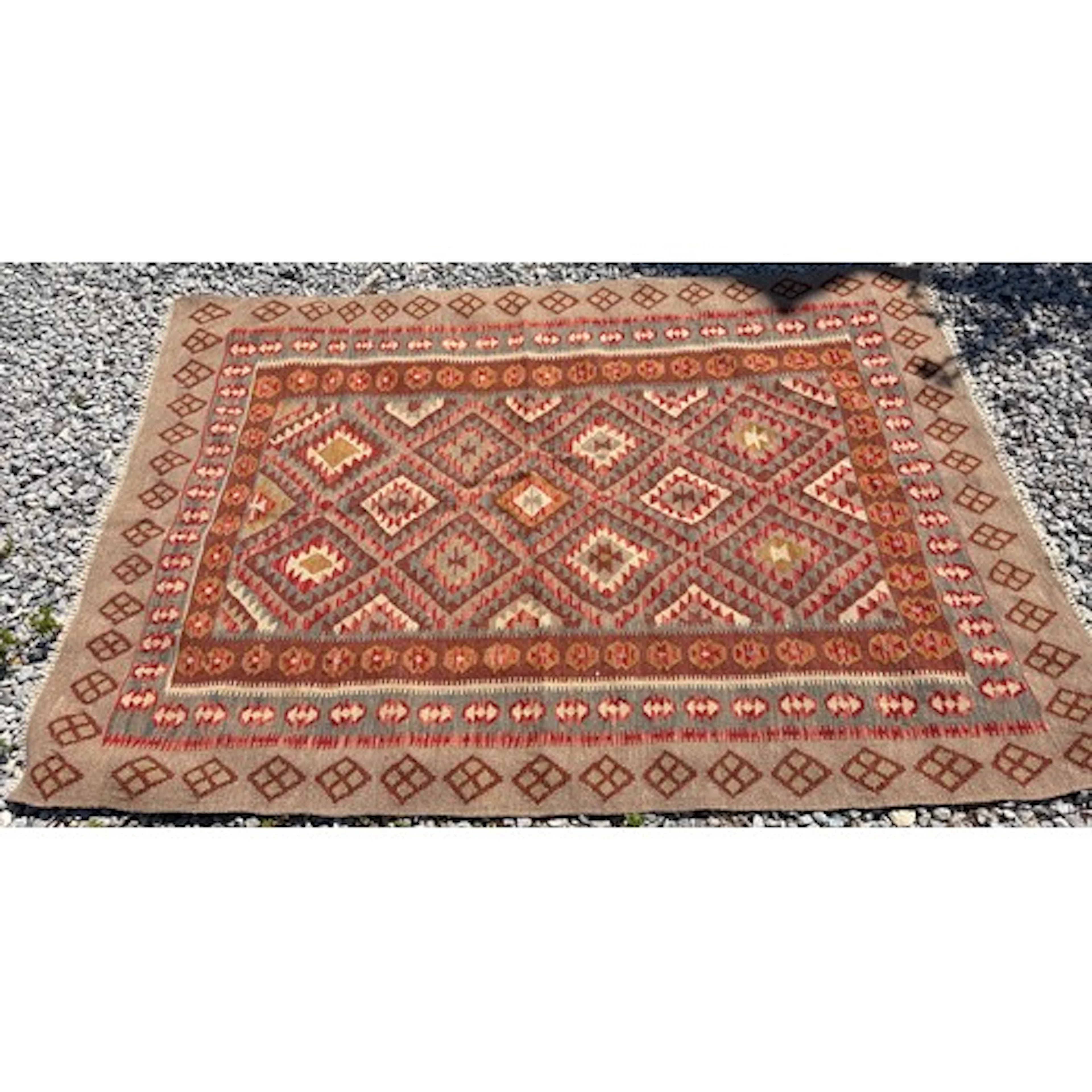 Kilim rug 126cm x 186cm with multi-colour geometric design.