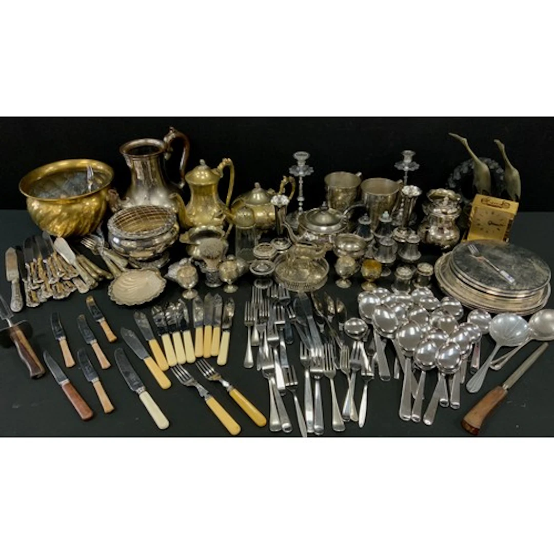 Plated and brass - a quantity of silver plated flatware, to ...