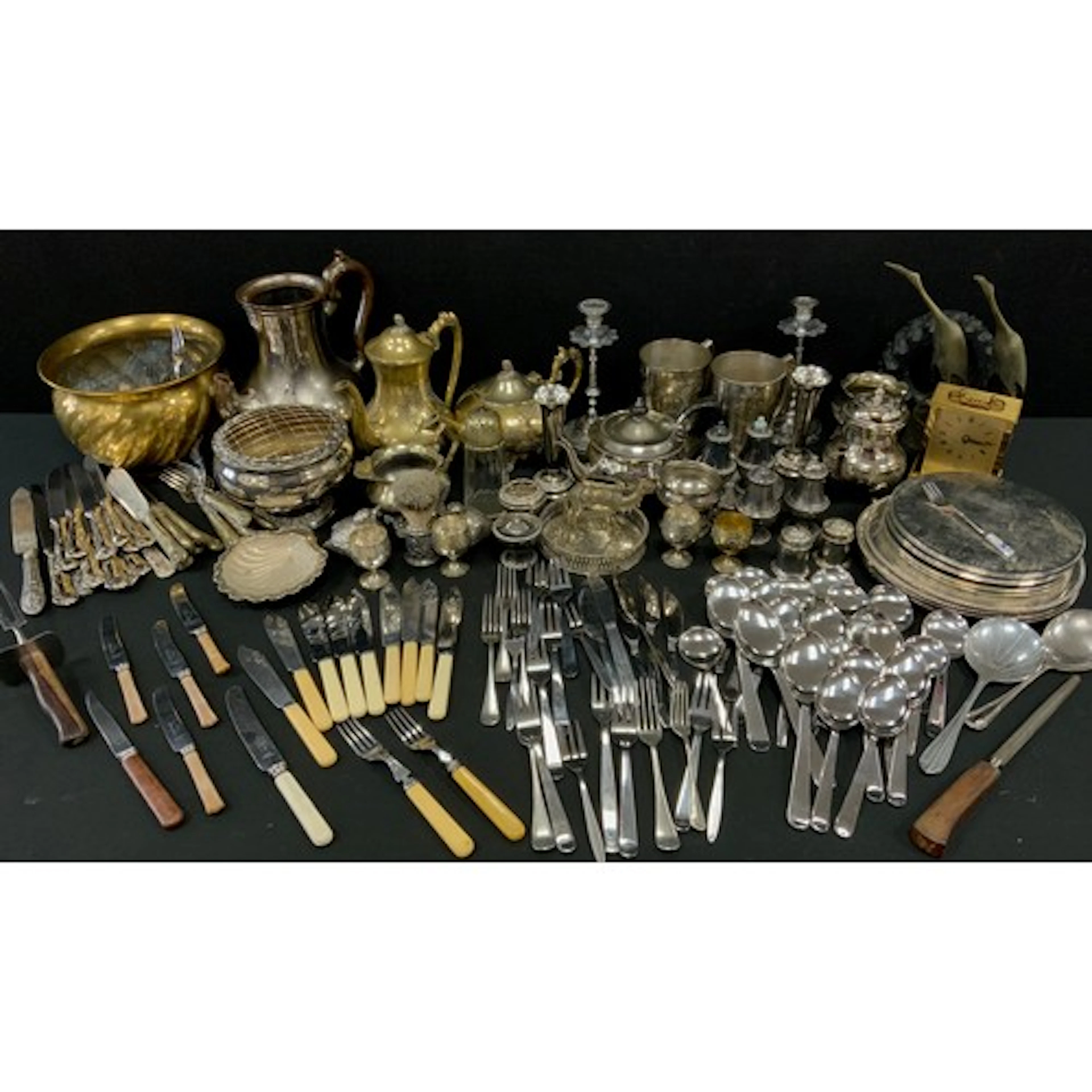 Plated and brass - a quantity of silver plated flatware, to ...