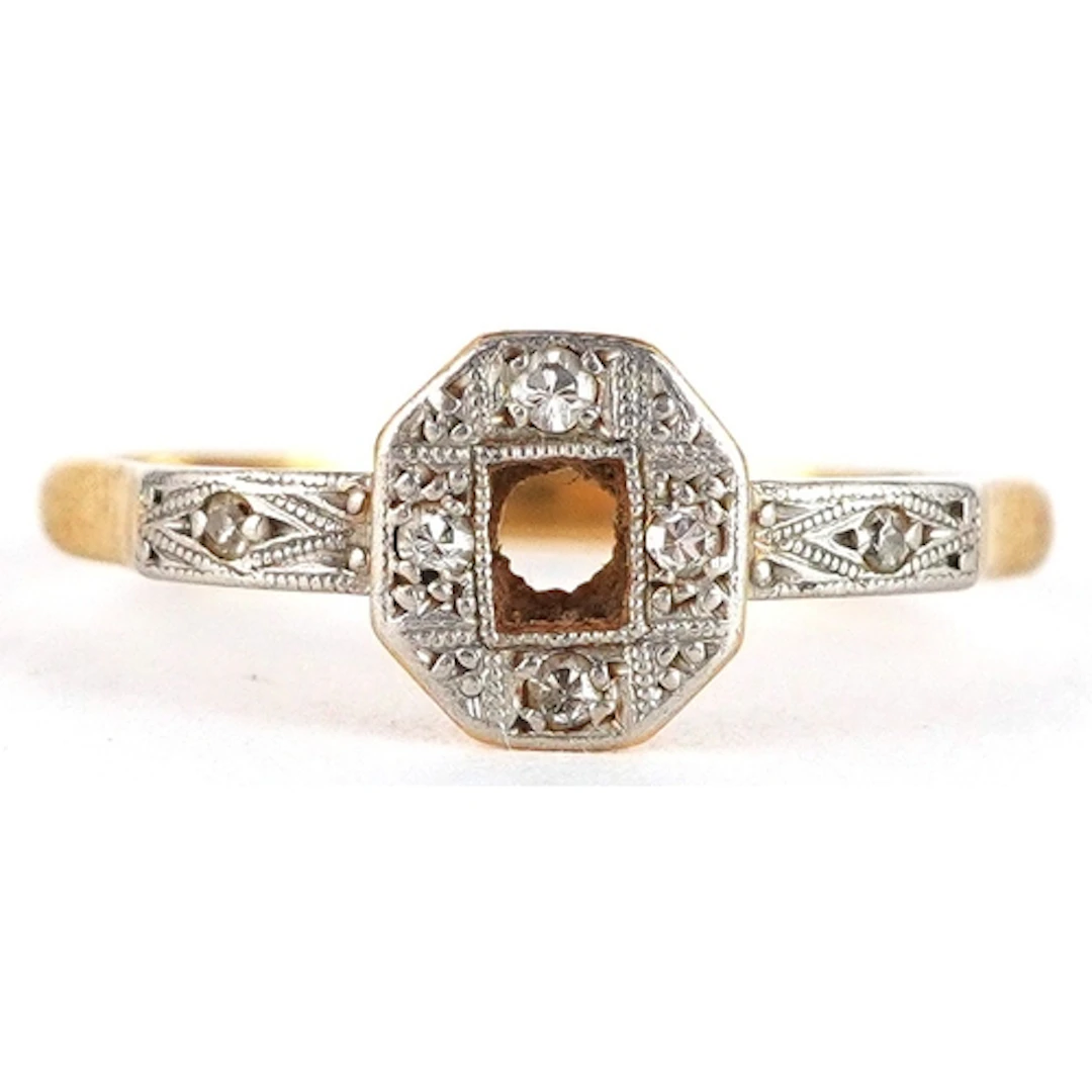 Art Deco 18ct gold and platinum diamond ring, size M/N, 2.1g...