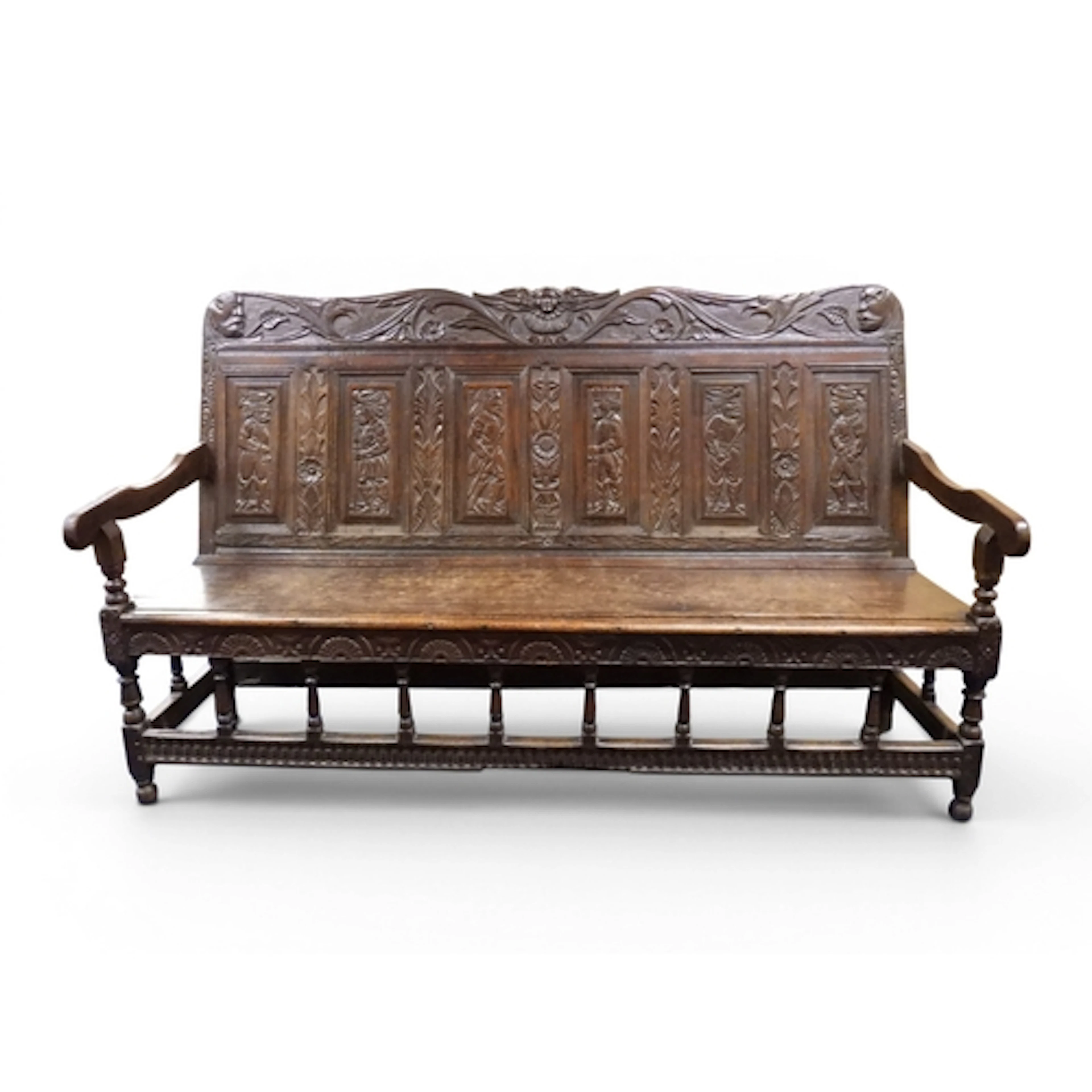 A 17TH/18TH CENTURY OAK SIX PANEL BACKED SETTLE panelled bac...