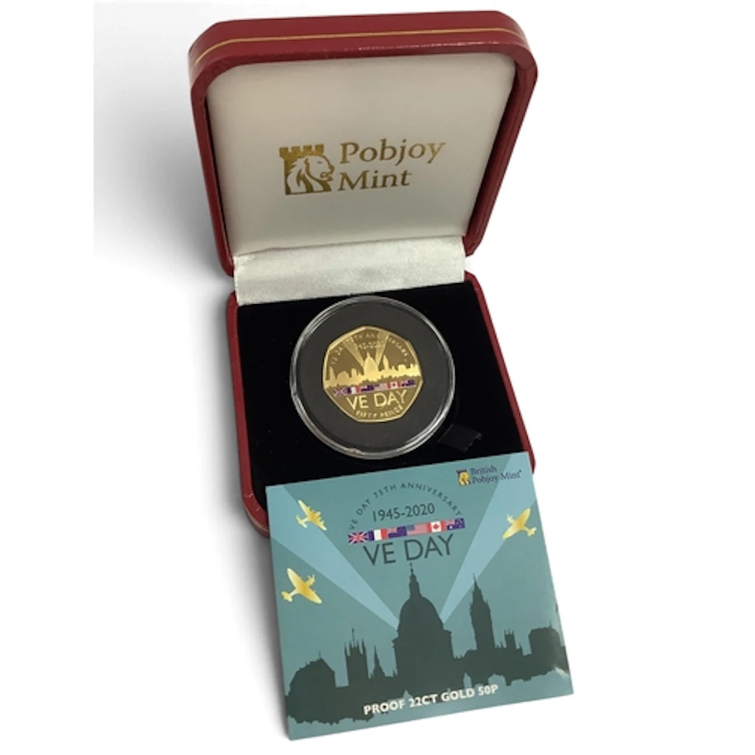 2020 75th Anniversary Of VE Day Gold Proof 50p Coin, cased w...