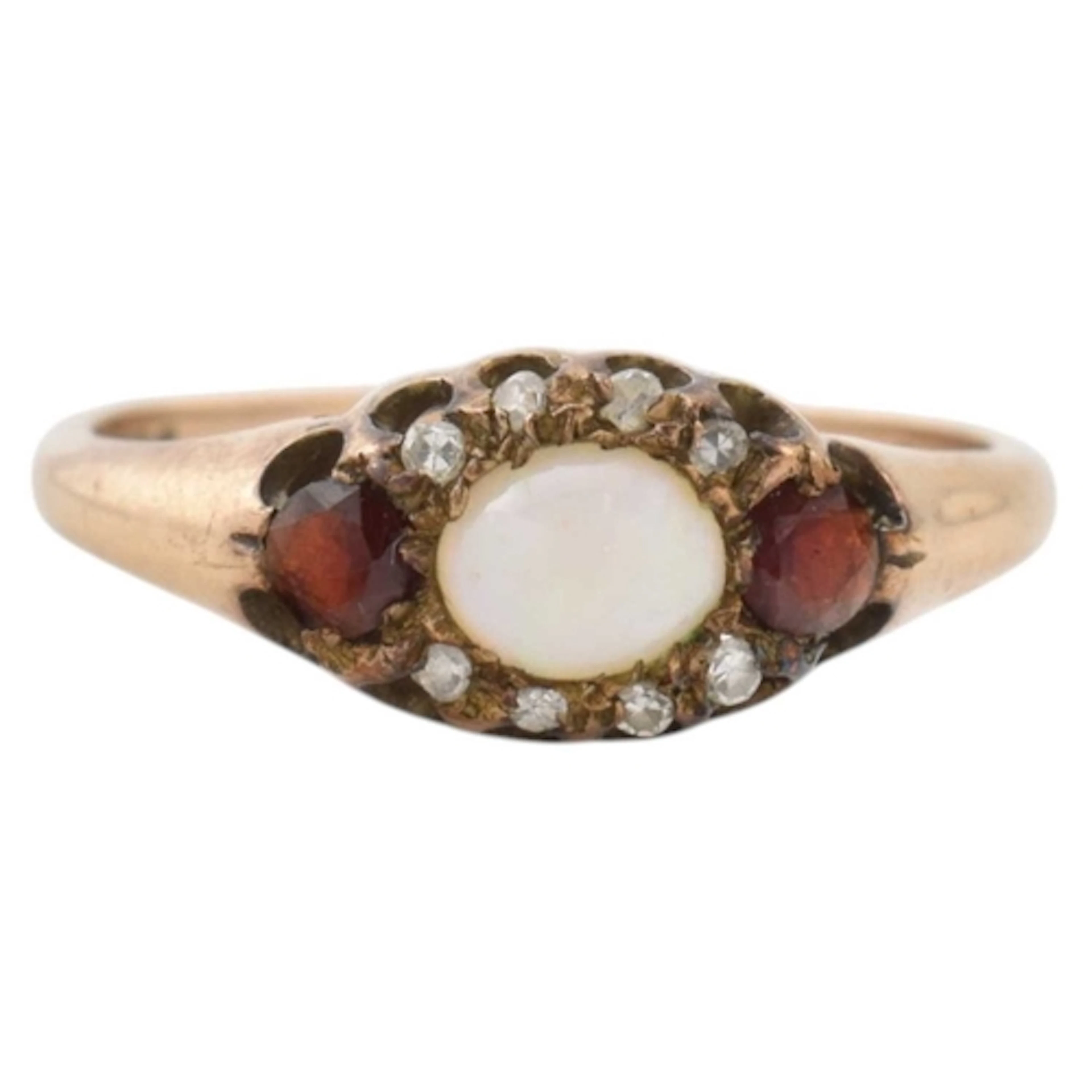Hallmarked 9ct gold garnet and opal white stone ring. 2.2g. ...