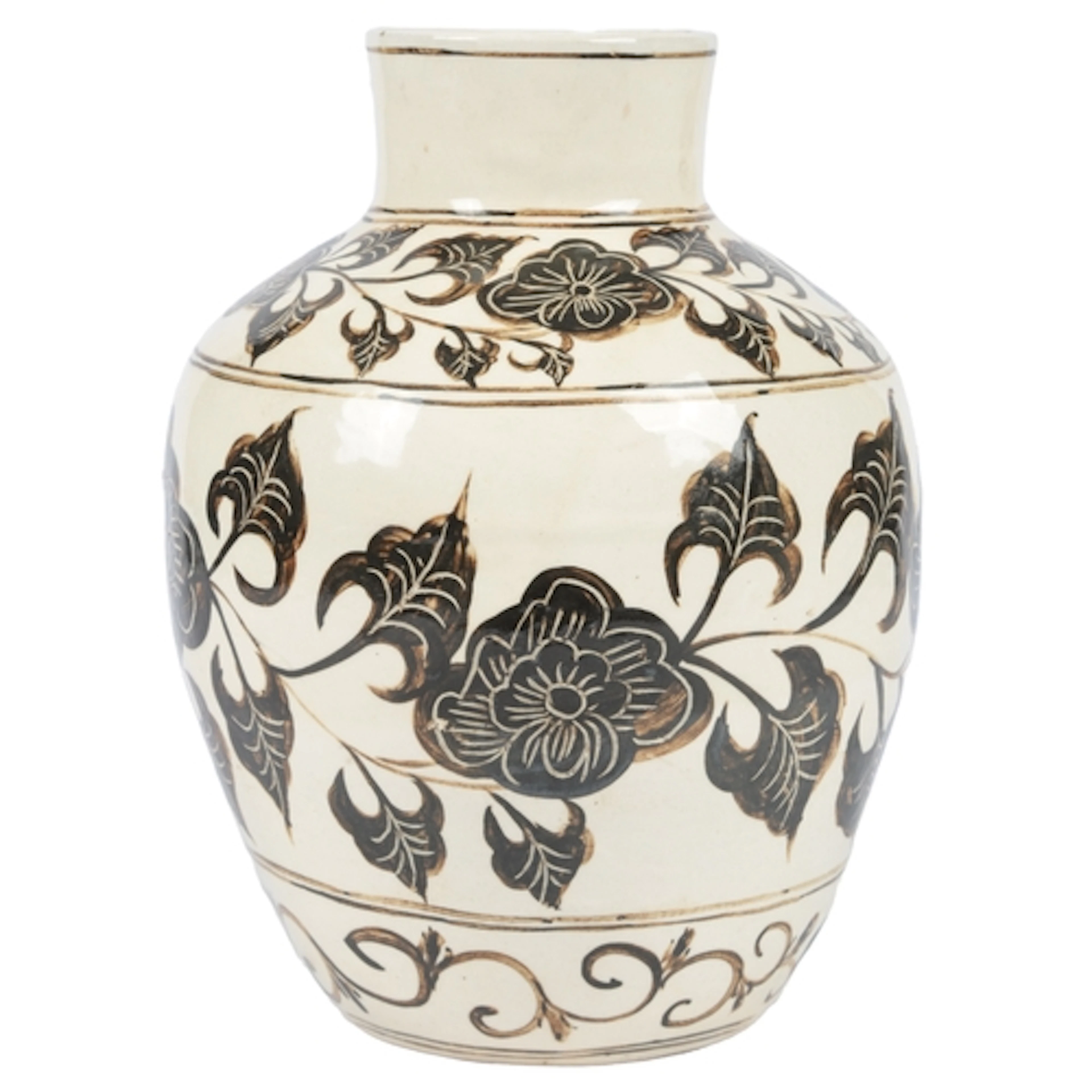 A Chinese Cizhou type pottery ovoid vase, possibly Ming Dyna...