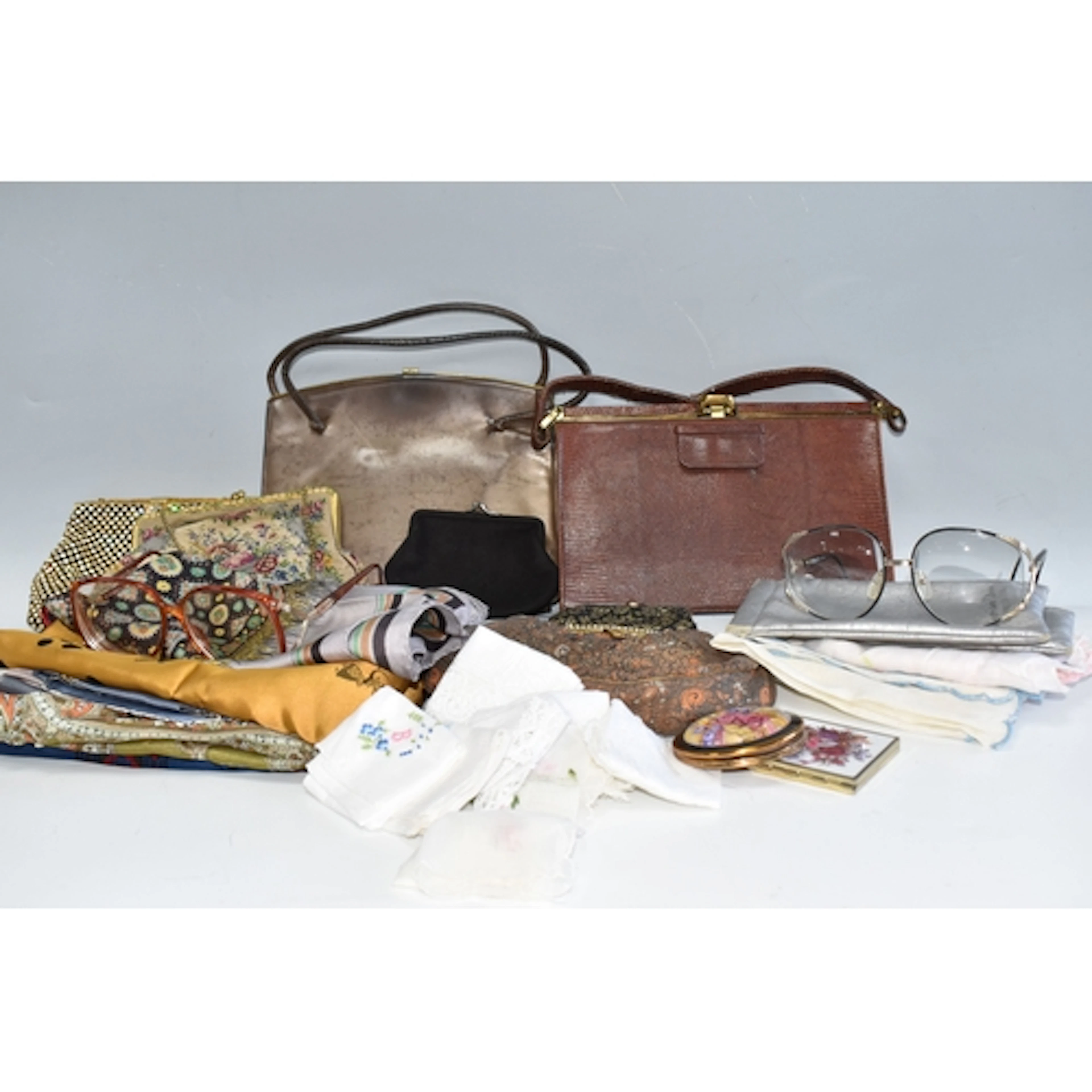 A BOX OF VINTAGE BAGS AND ACCESSORIES to include two pairs o...