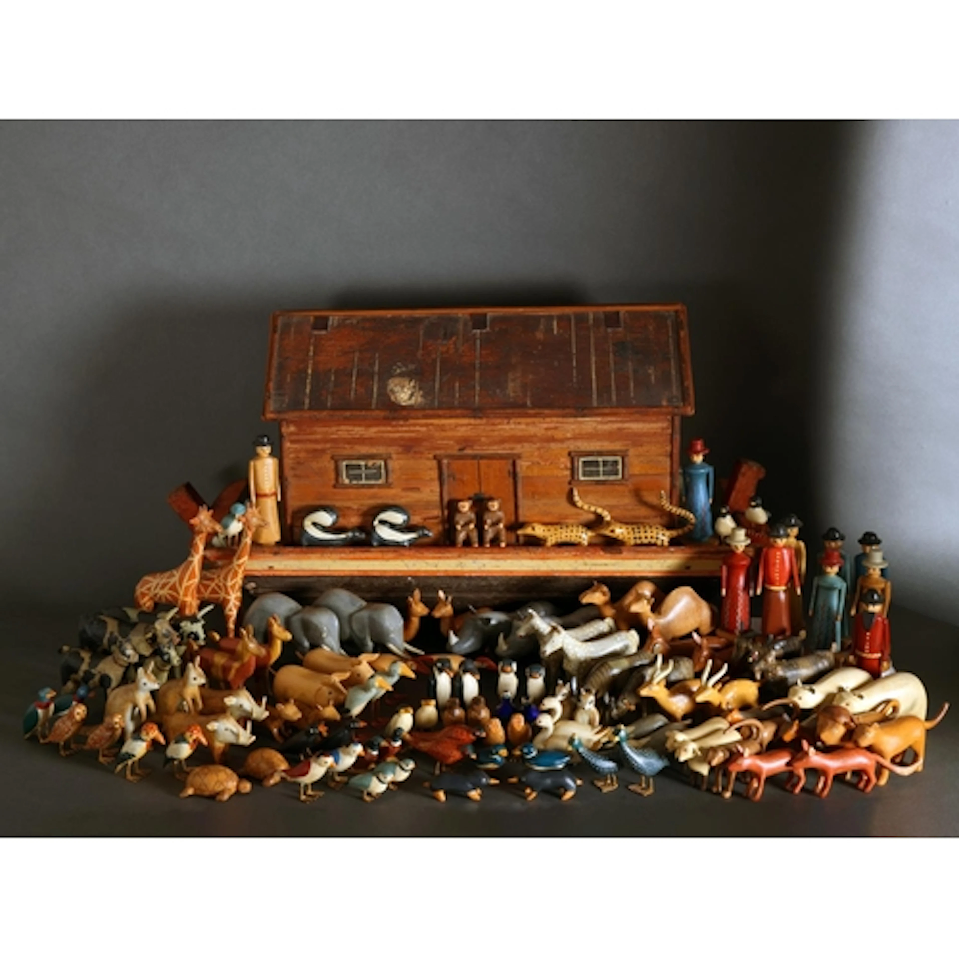 A rare 19th century German painted pine toy Noah's Ark, with...