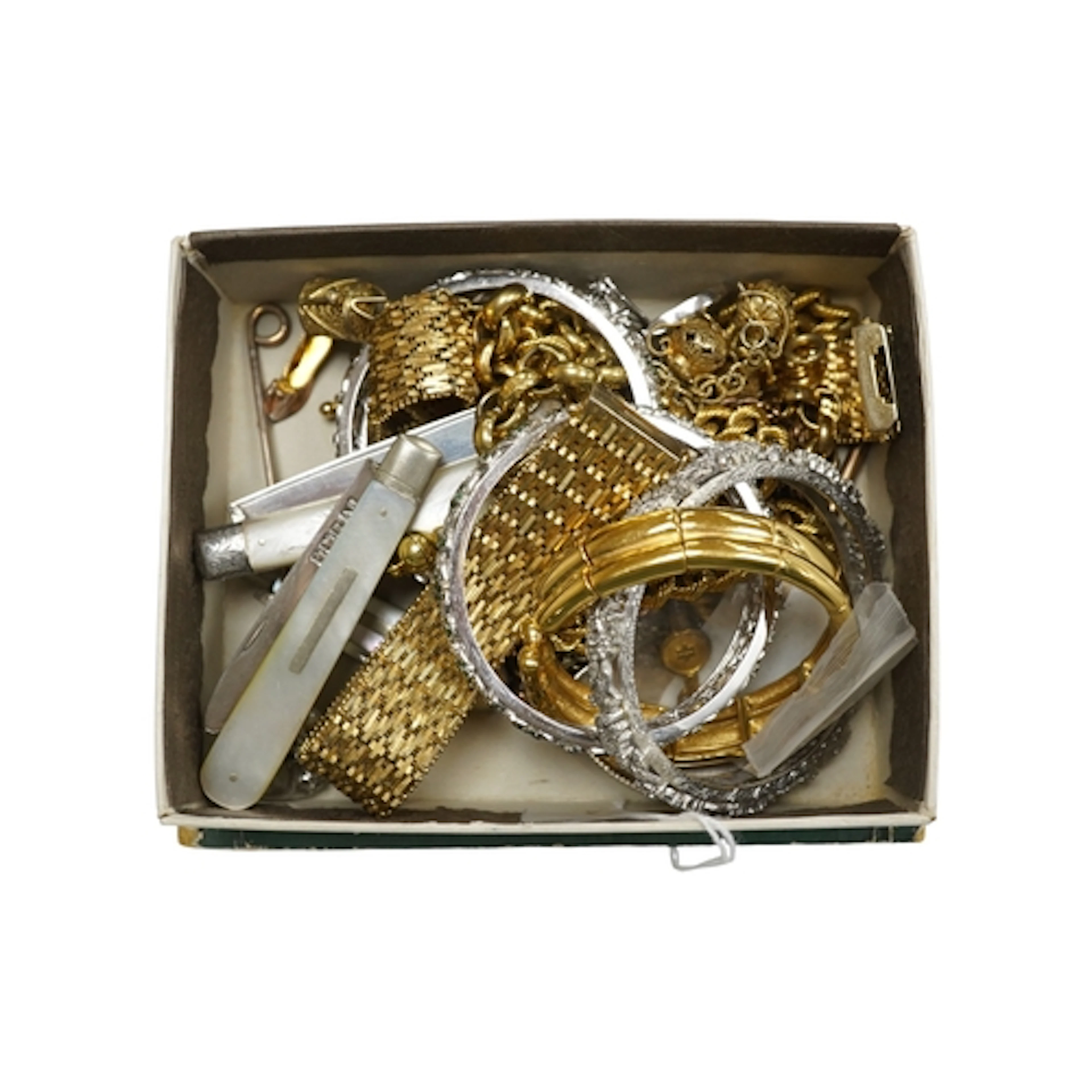 A group of assorted gilt metal costume jewellery including n...