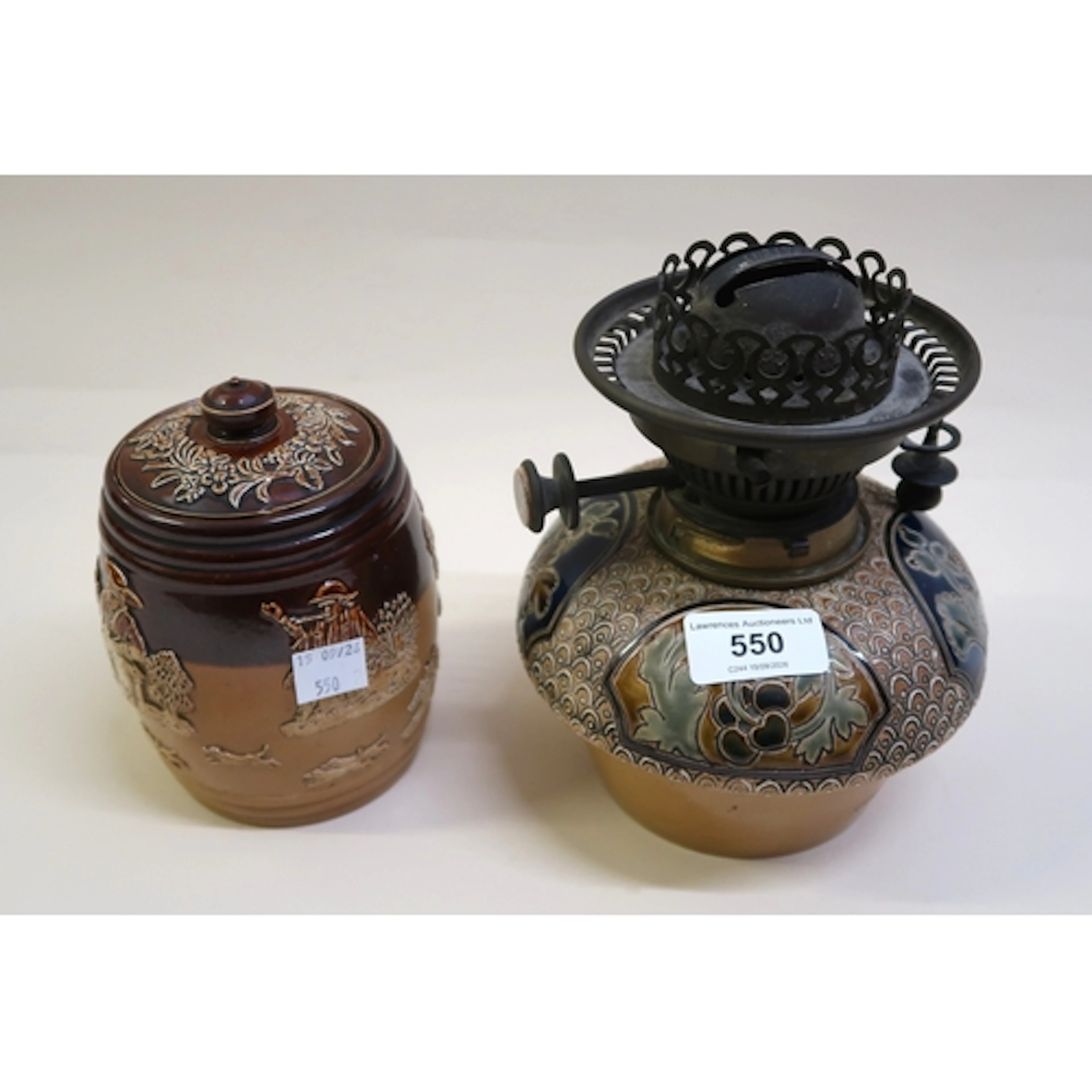 Royal Doulton oil lamp with font and burner, by Mark V Marsh...