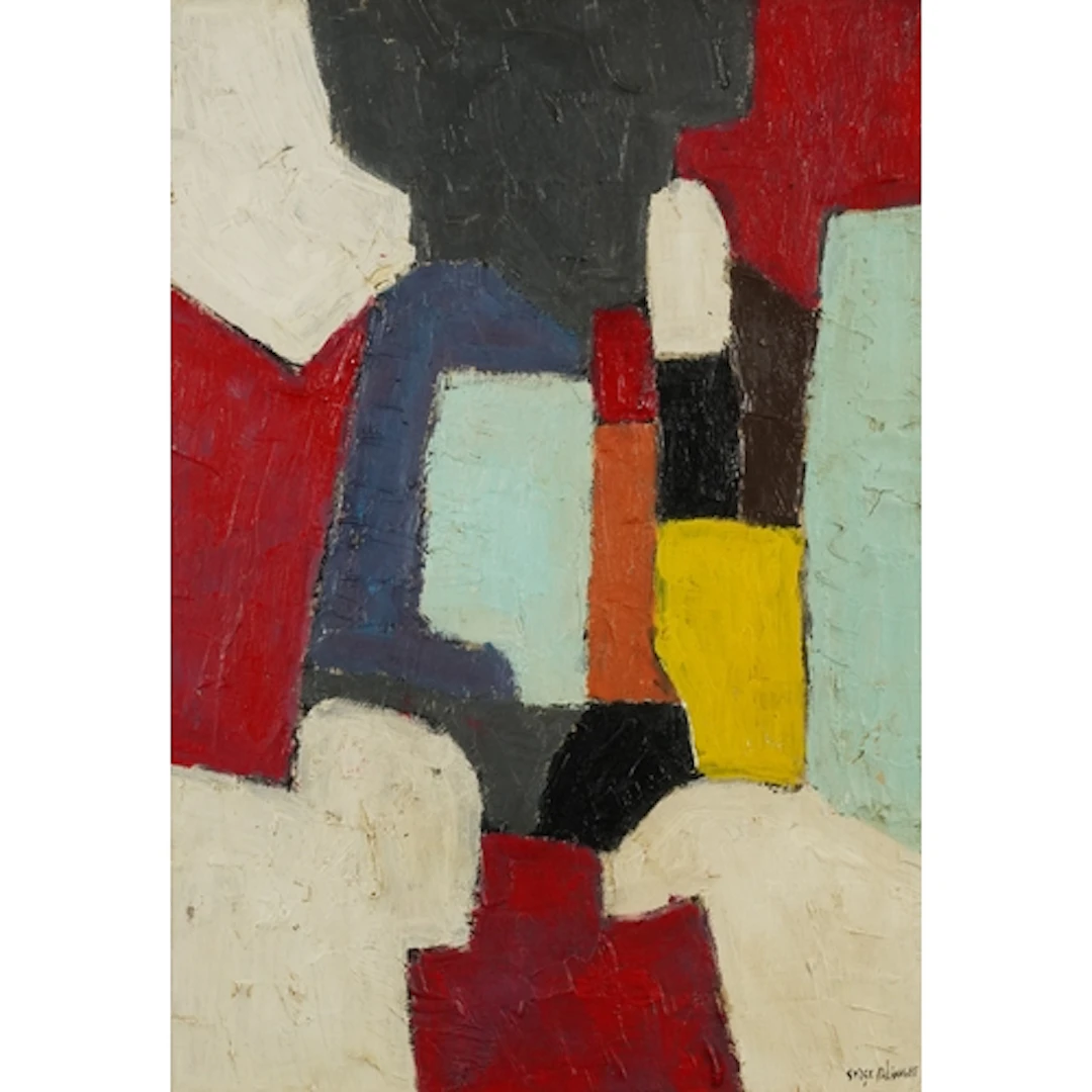 Abstract composition, oil on board, framed, 69cm x 48.5cm.