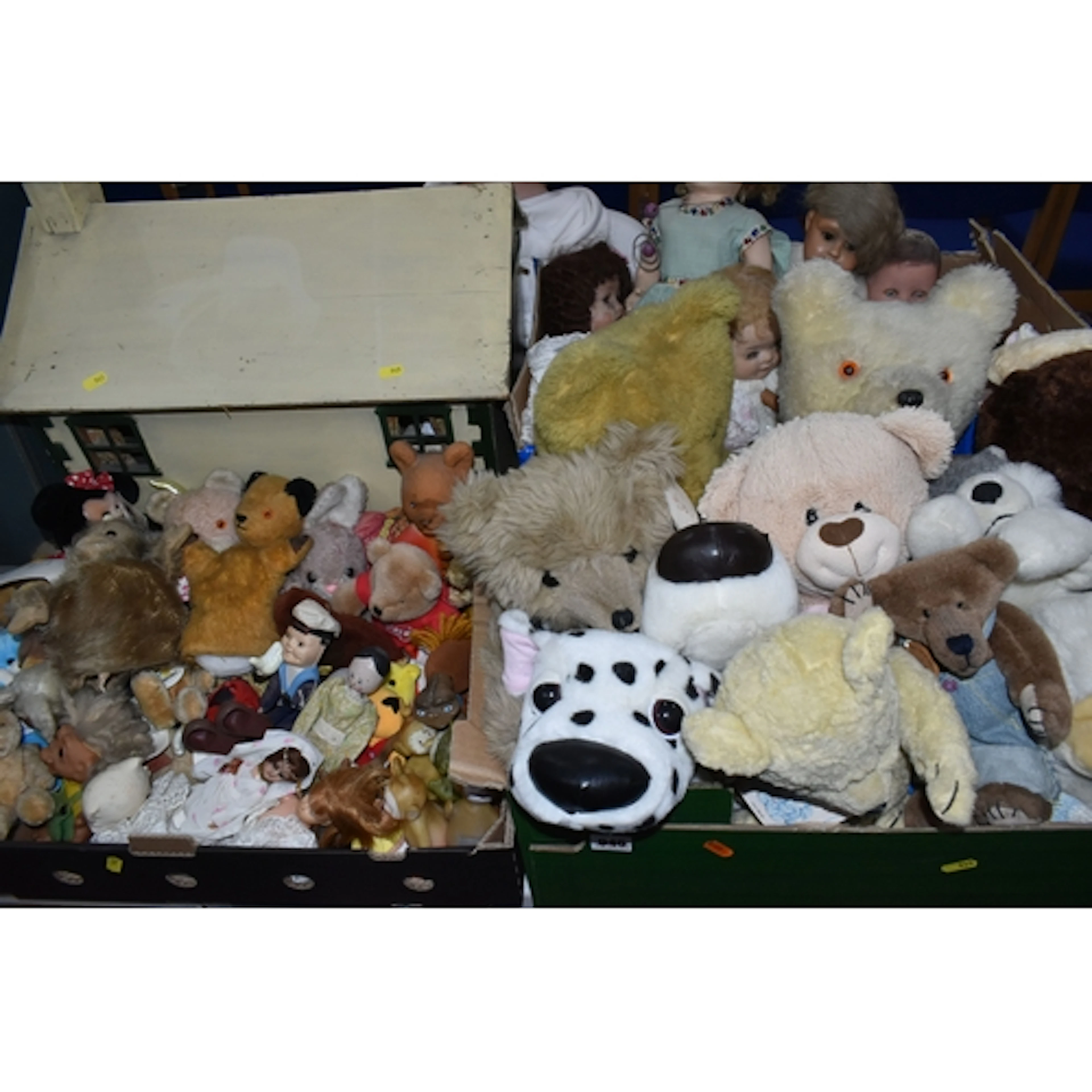 THREE BOXES OF VINTAGE PLUSH TOYS AND DOLLS, to include, Tro...