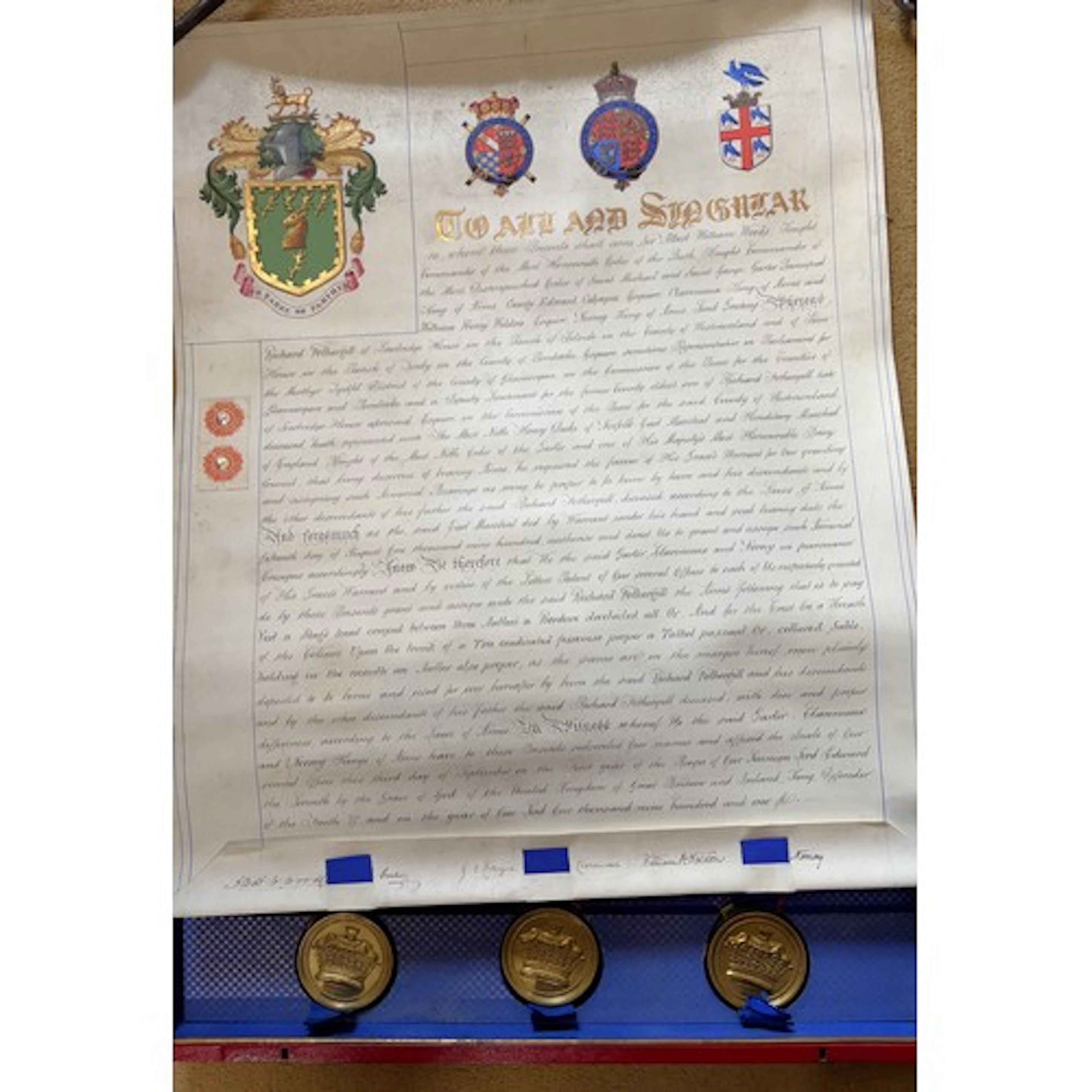 An Edward VII tooled leather cased Grant of Arms for Sir Alb...