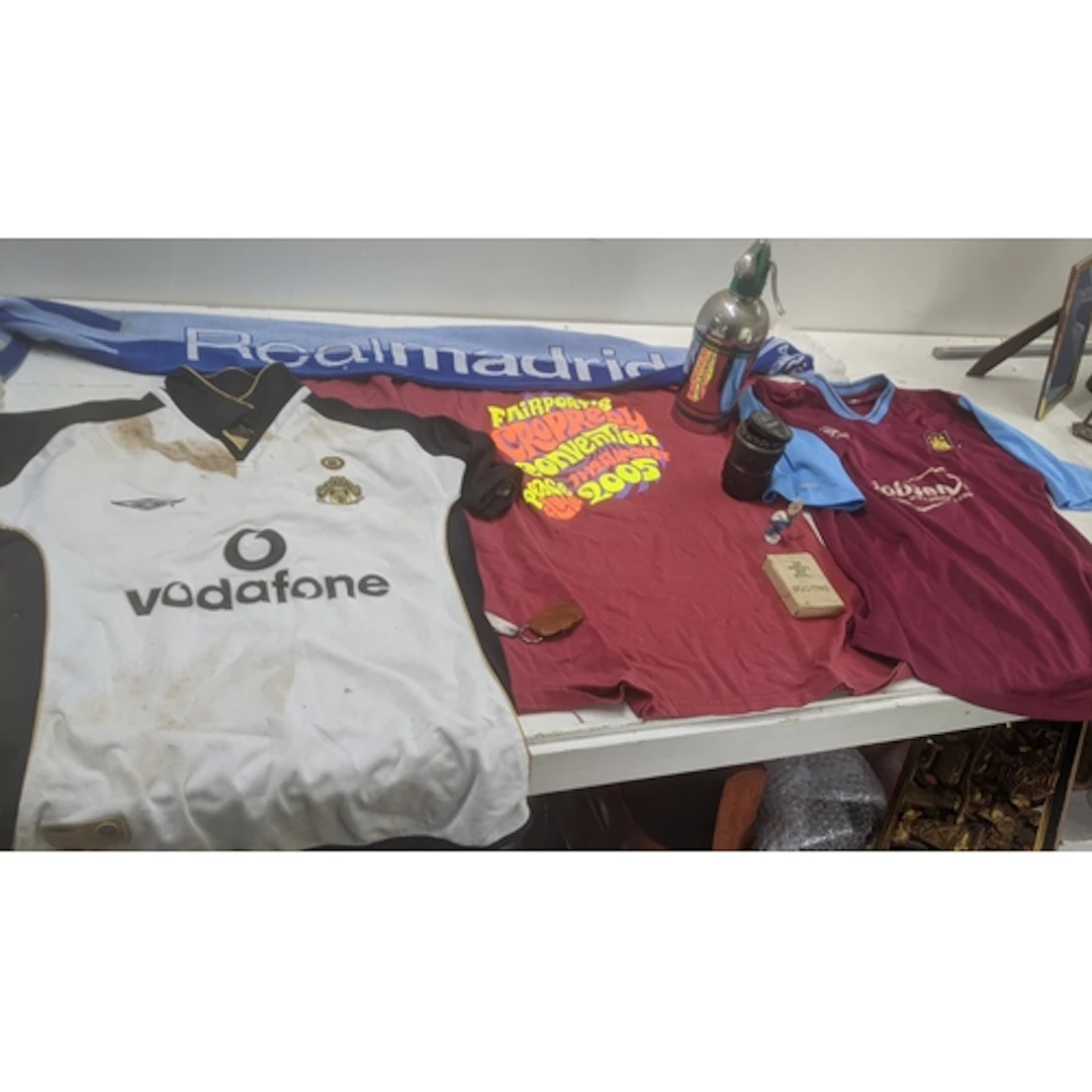 A mixed lot to include a retro 2000's Westham United shirt, ...