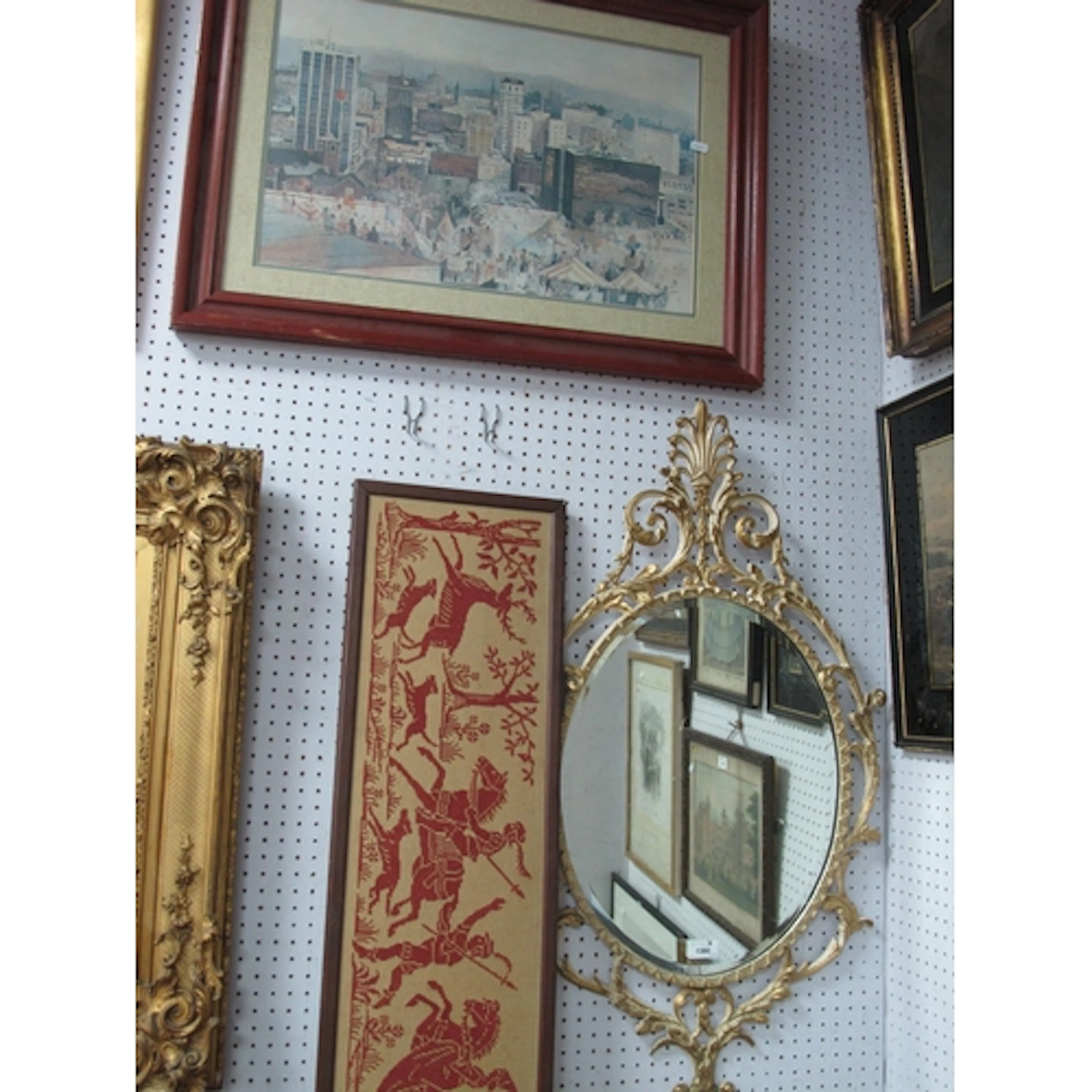 Peerart Oval Wall Mirror, hunting scene tapestry, two pencil...