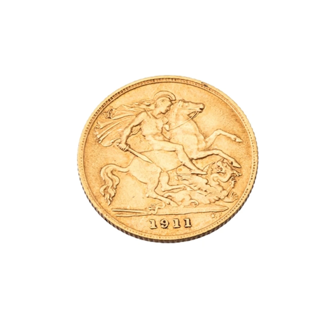 A 1911 GOLD HALF SOVEREIGN ENGLISH COIN, GV, 22 ct. 4 g. EF