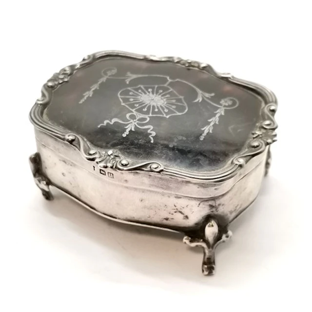 Antique silver ring box with pique work to tortoiseshell lid...