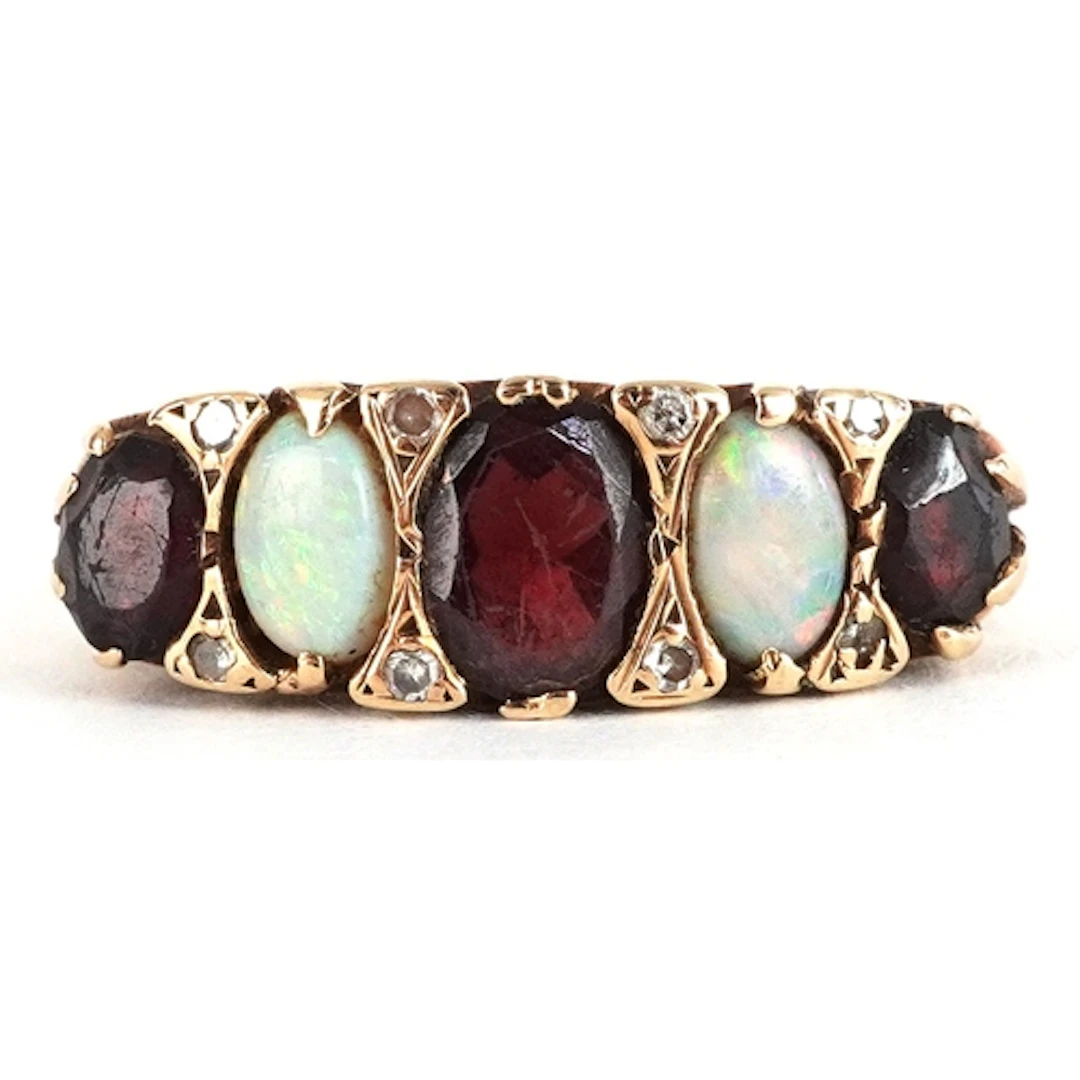 Victorian style 9ct gold opal and garnet graduated ring set ...