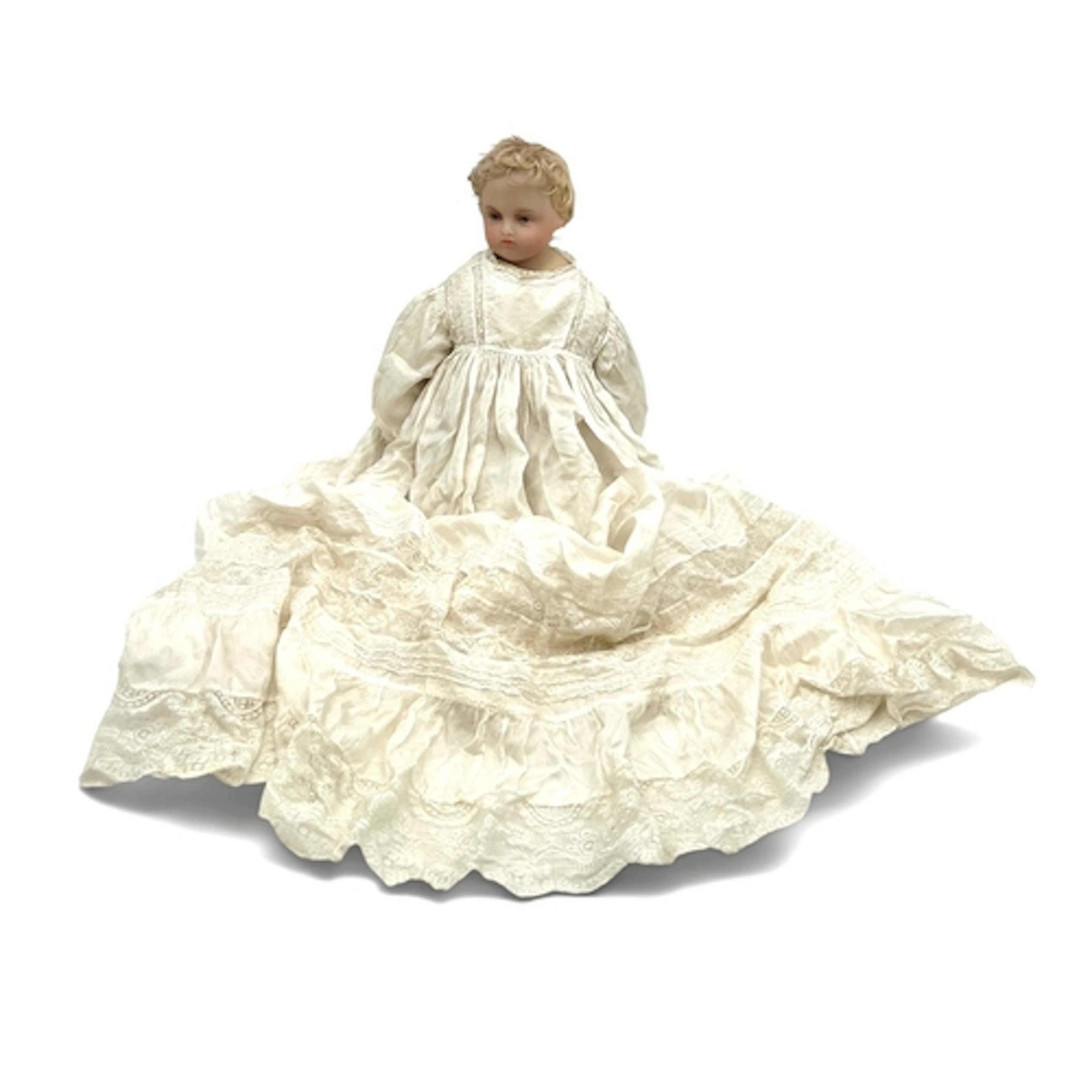 AN ANTIQUE EARLY 20TH CENTURY DOLL WITH WAX HEAD, HANDS AND ...